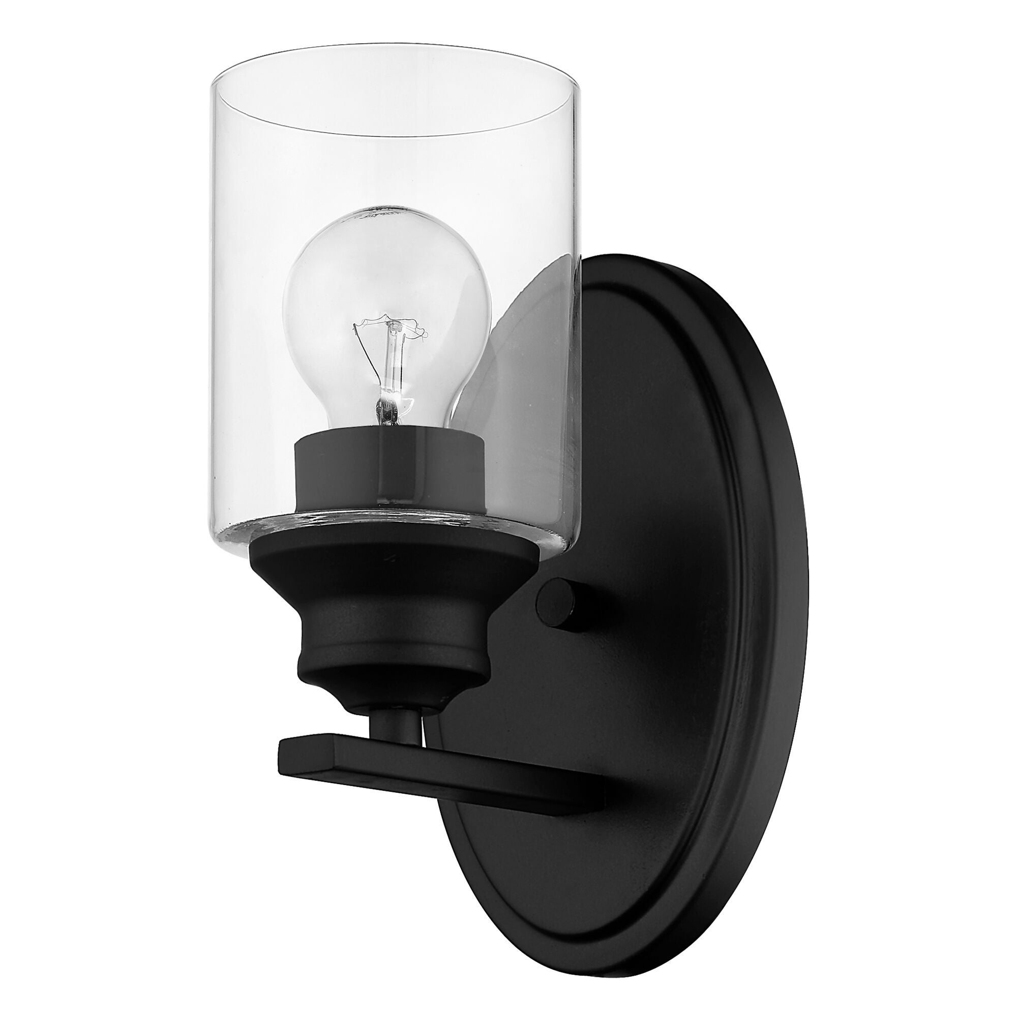 Shown in Matte Black finish and Clear glass and Clear, Cylindrical Glass shade