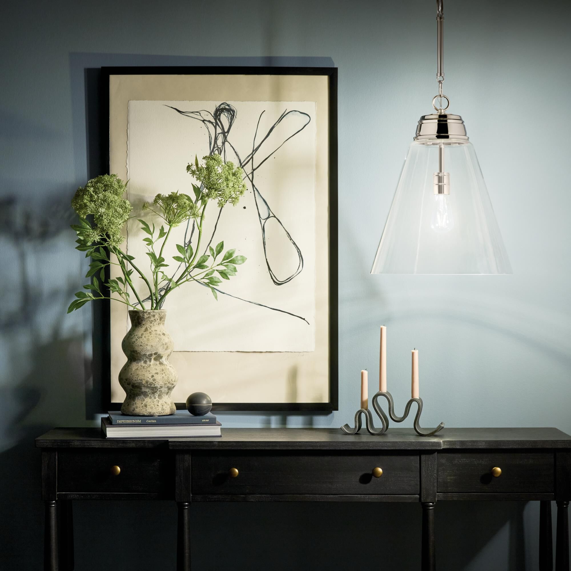 Shown in Polished Nickel finish and Clear glass