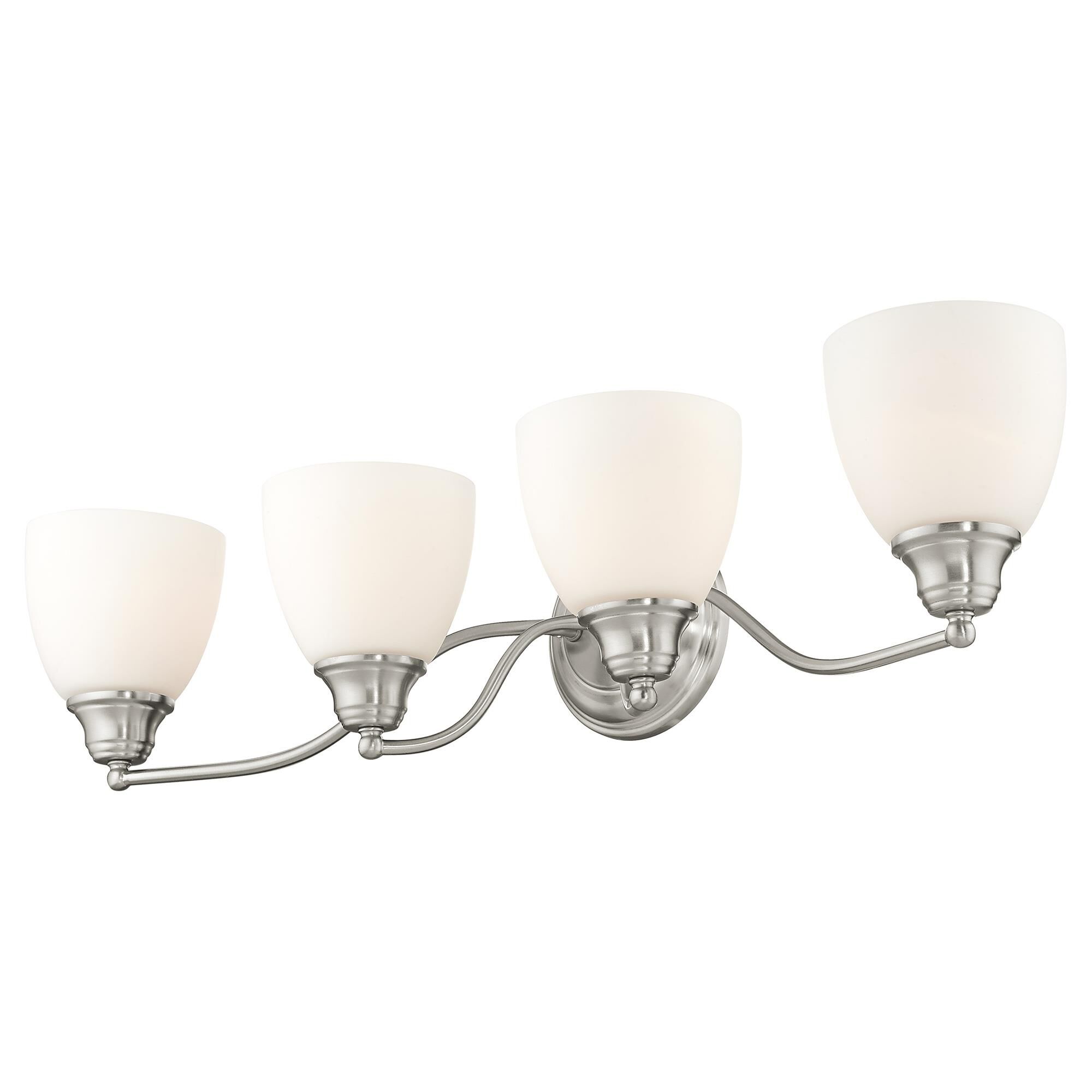 Shown in Brushed Nickel finish and Hand Blown Satin Opal White glass