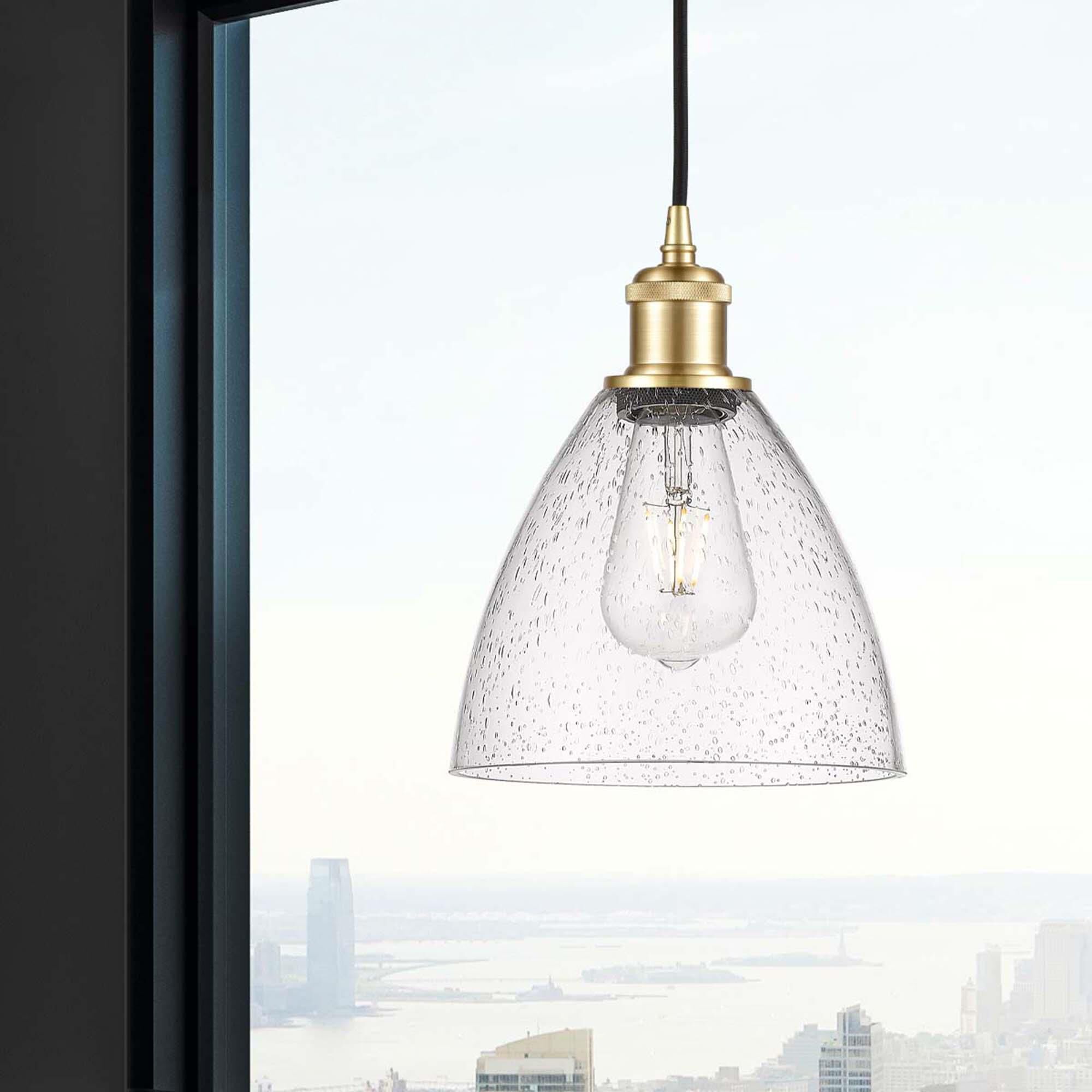 Shown in Satin Gold finish and Seedy glass