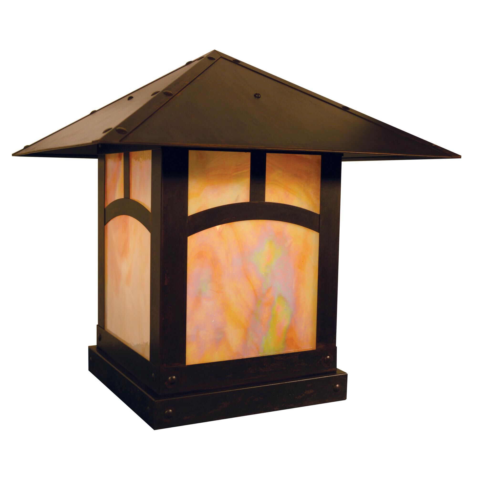 Shown in Bronze finish and Gold White Iridescent glass and Classic Arch accent