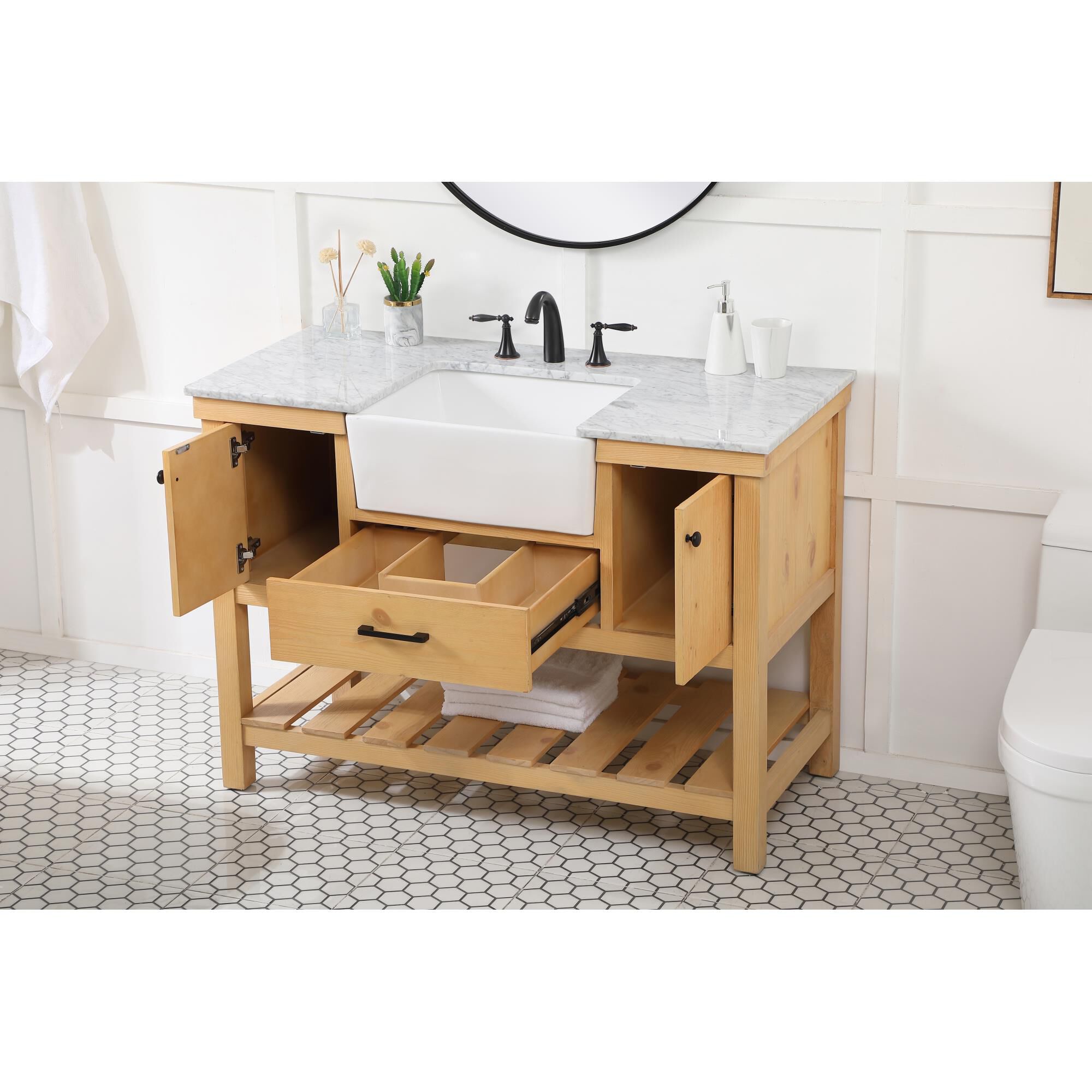 Shown in Natural Wood finish and Without Backsplash accent