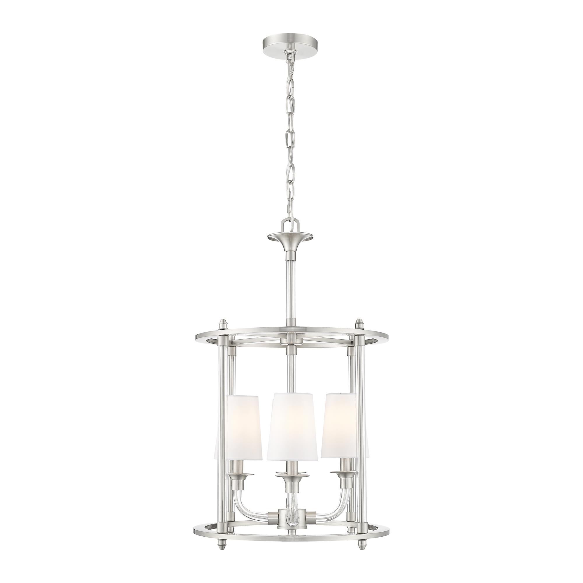 Shown in Brushed Nickel finish and White glass and White shade