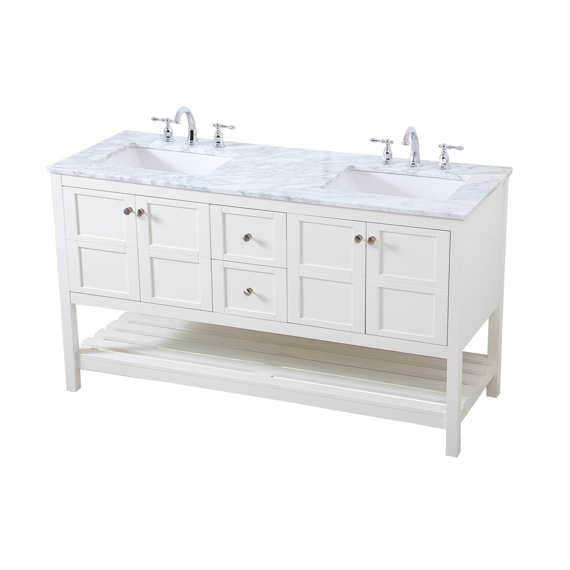 Shown in White And Brushed Nickel With Carrara White Marble finish