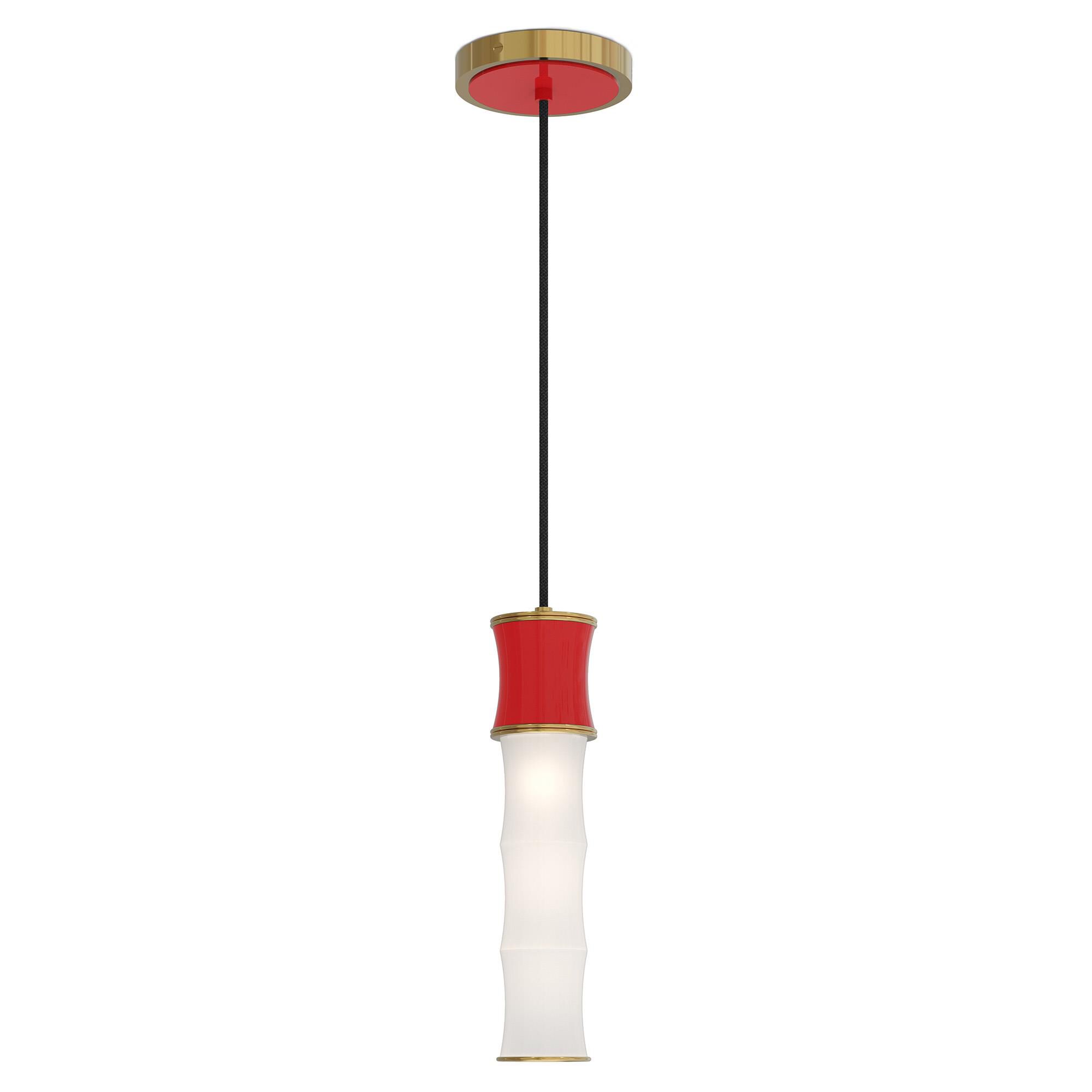 Shown in Ruby Red finish and White Frosted glass and Modern Brass accent
