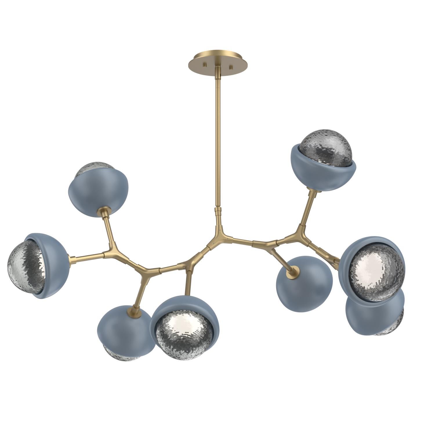Shown in Gilded Brass finish and Smoke glass and Poppy Blue accent
