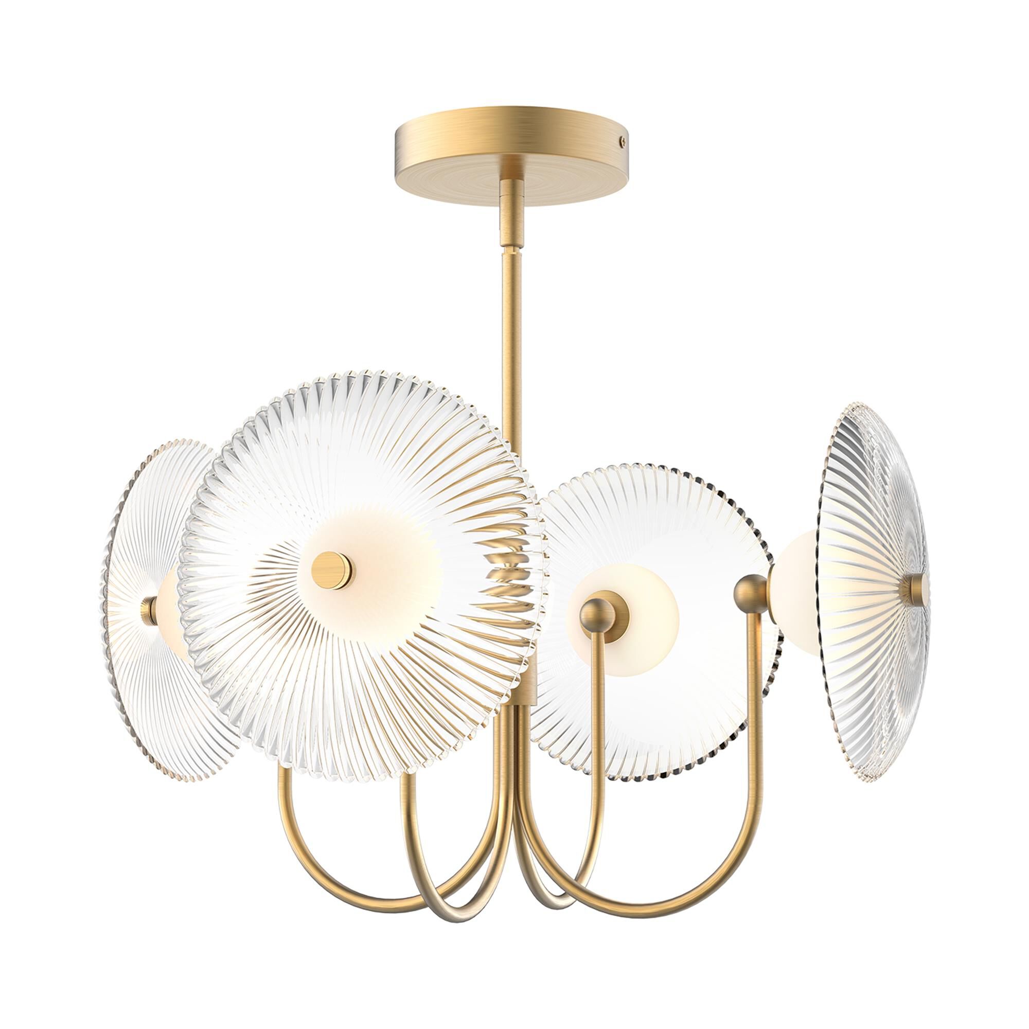 Shown in Brushed Gold finish and Clear Ribbed and Matte Opal glass