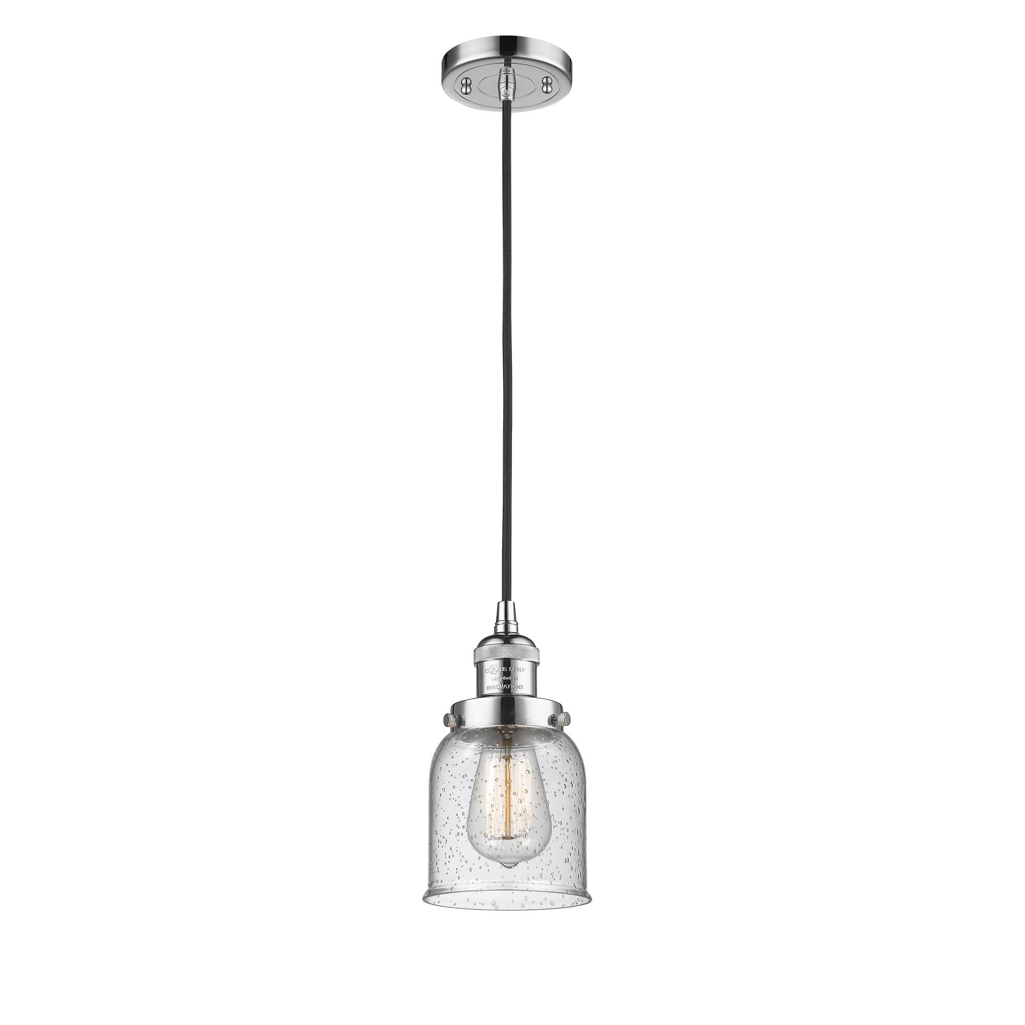 Shown in Polished Chrome finish and Seedy Small Bell glass and Cord accent