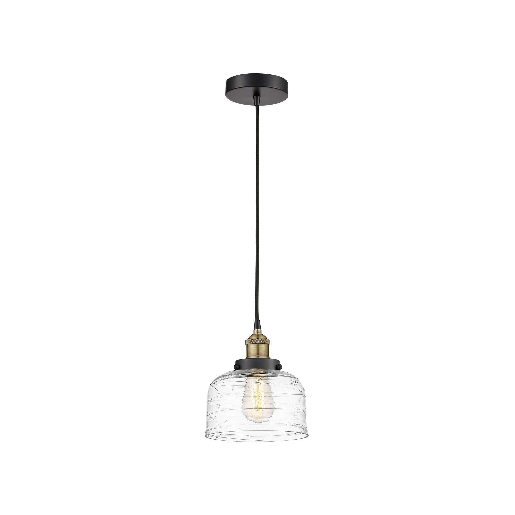 Shown in Black Antique Brass finish and Clear Deco Swirl glass