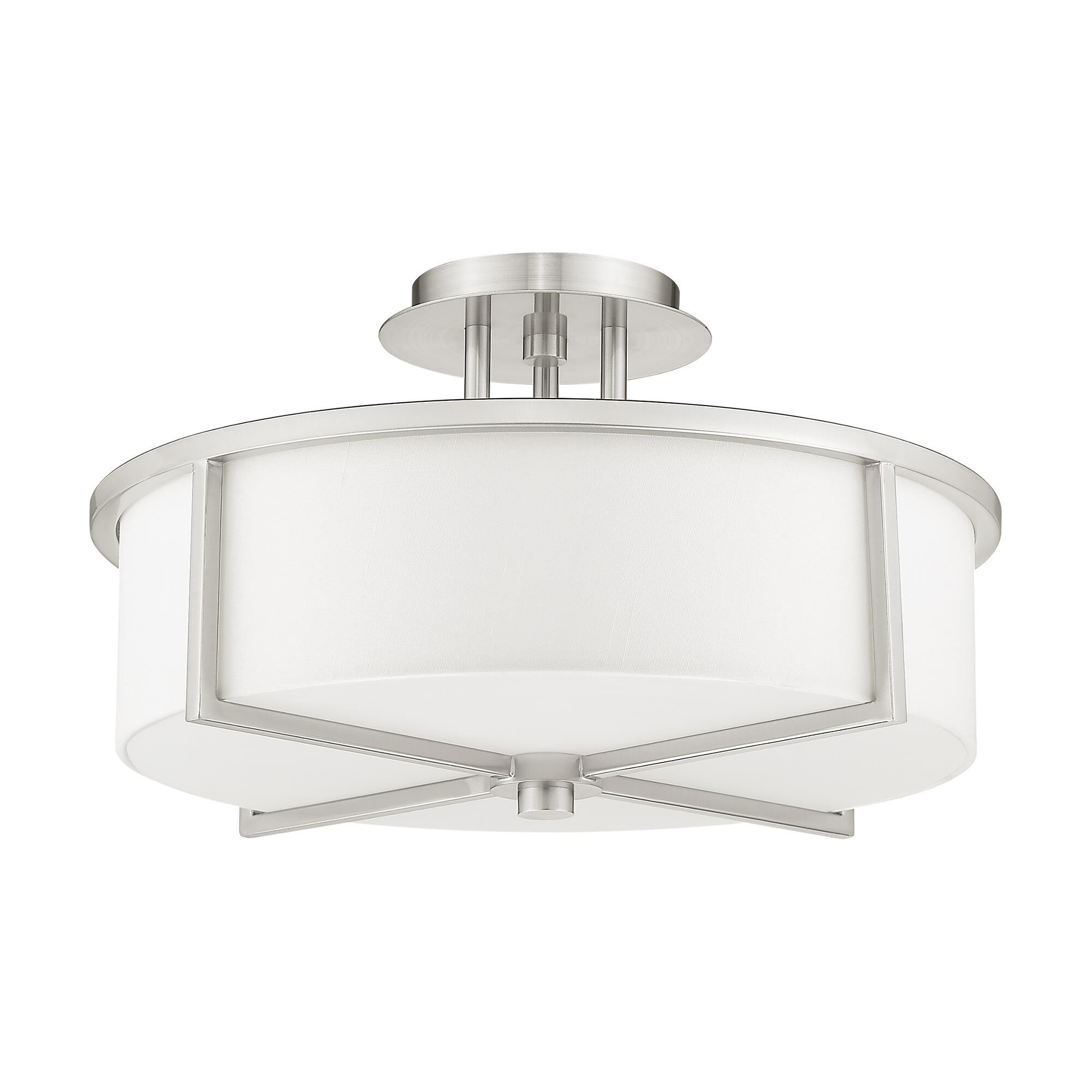 Shown in Brushed Nickel finish and Hand Crafted Off-White Fabric Hardback shade