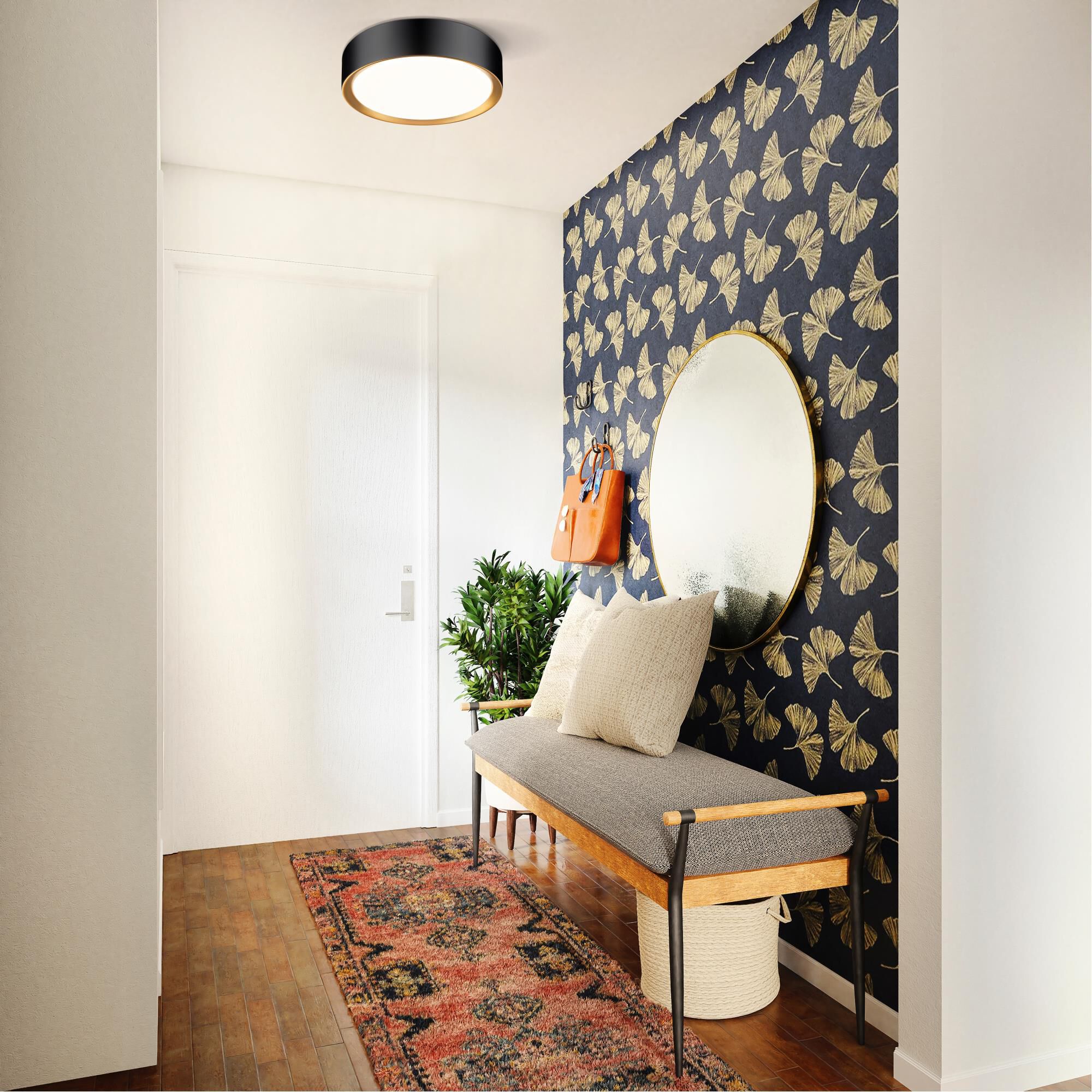 Shown in Matte Black And Modern Gold finish and Frosted glass and Frosted shade