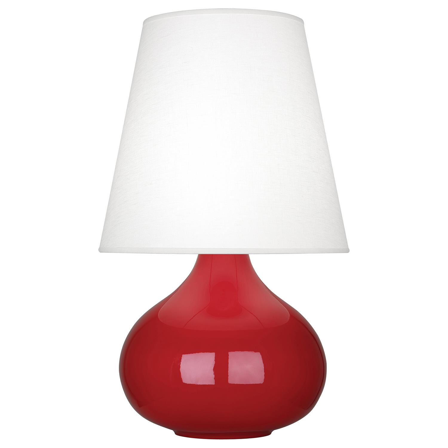 Shown in Ruby Red Glazed Ceramic finish and Oyster Linen shade