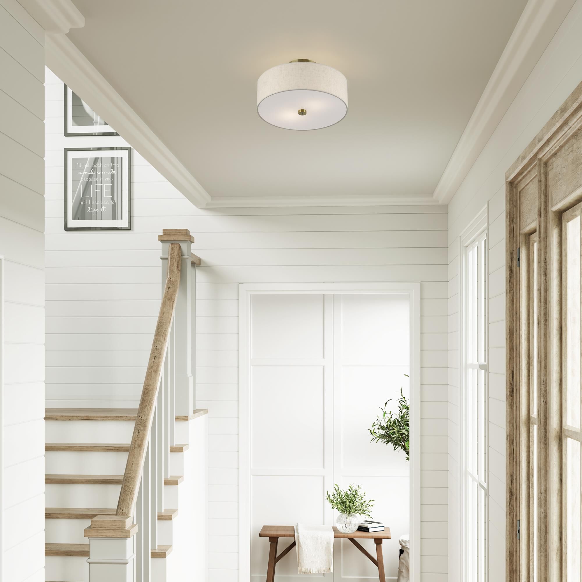 Shown in Antique Brass finish and Hand Crafted Oatmeal Color Fabric with White Color Inside shade