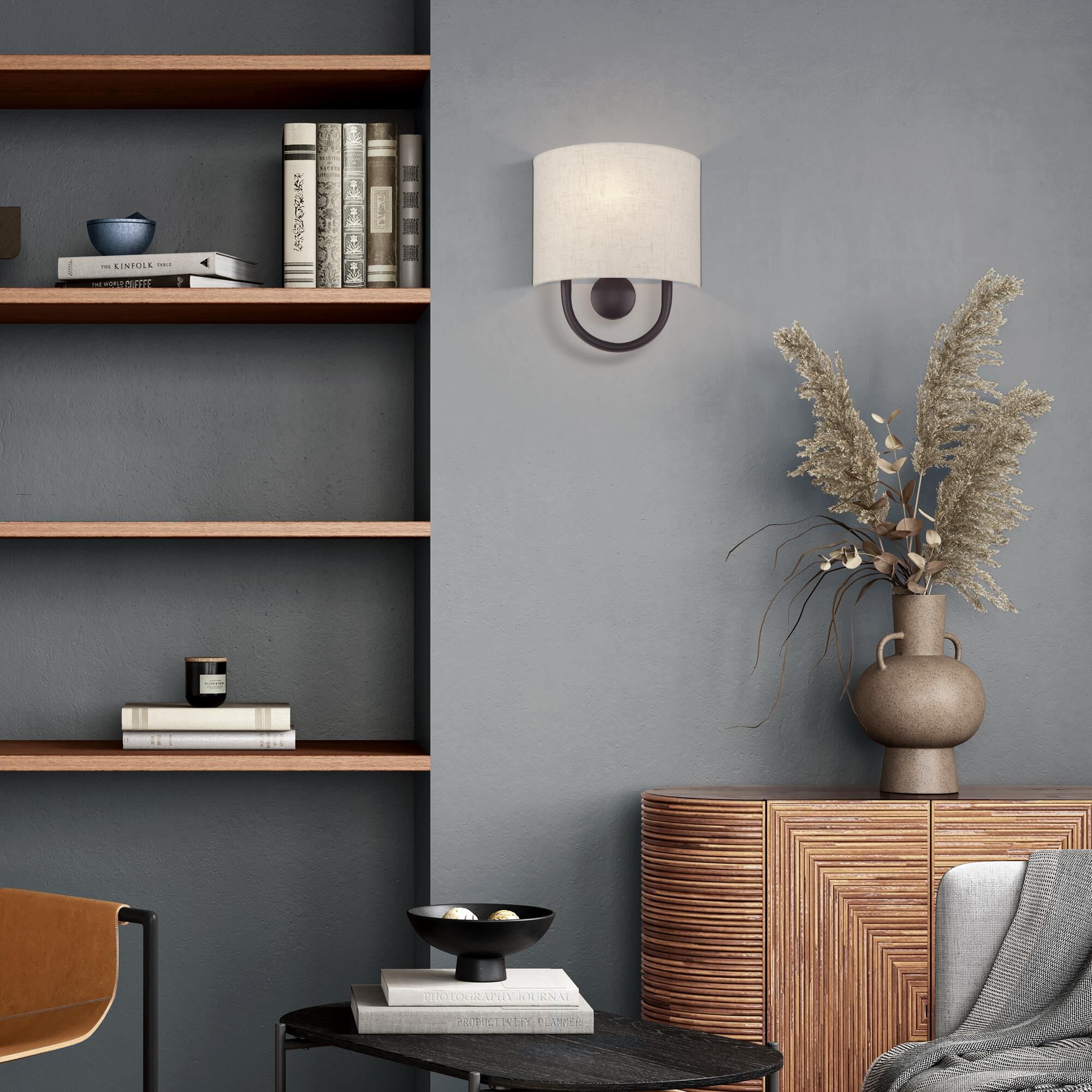 Shown in English Bronze finish and Hand Crafted Oatmeal Color Fabric Hardback with White Fabric Inside shade