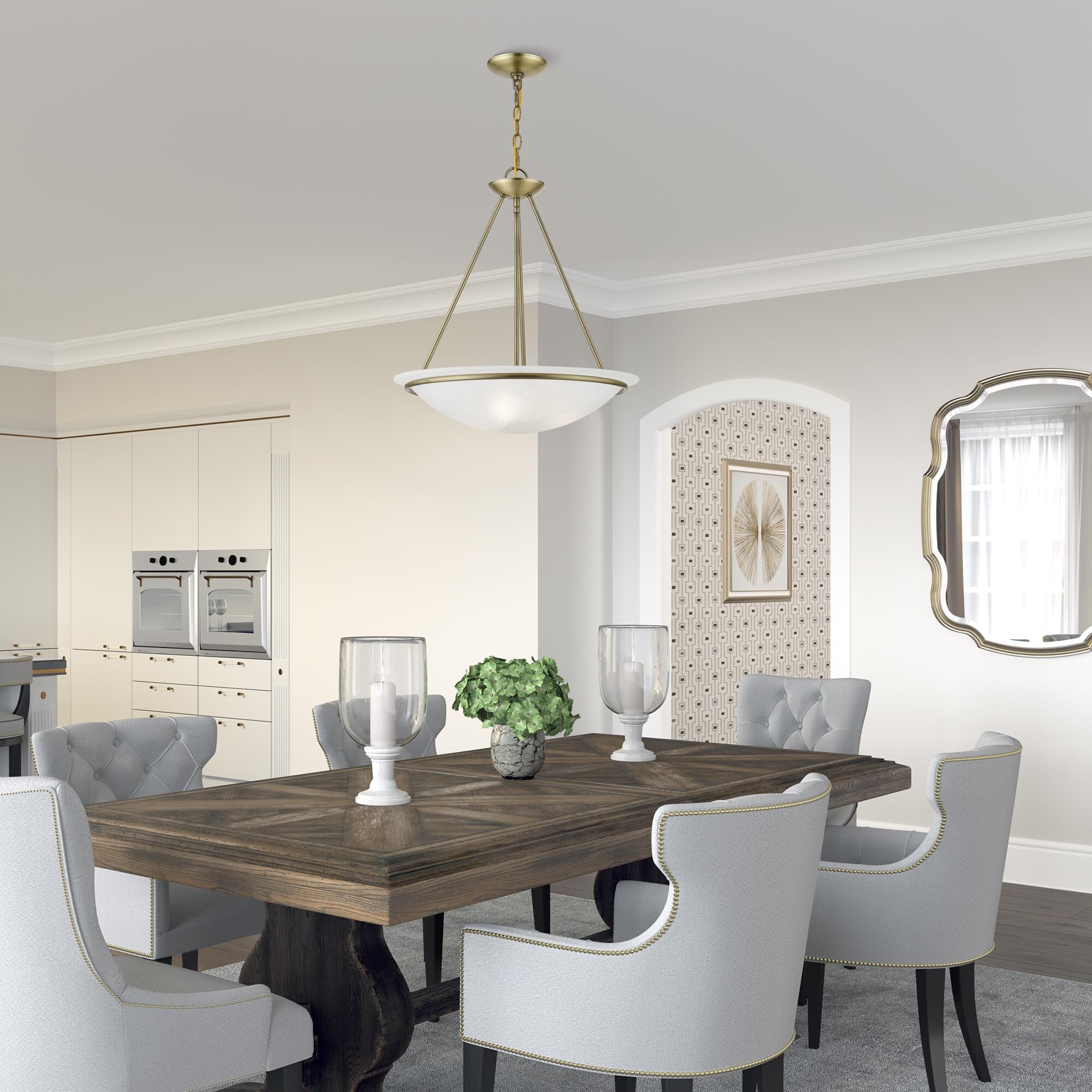 Shown in Antique Brass finish and White Alabaster glass and White Alabaster Glass shade