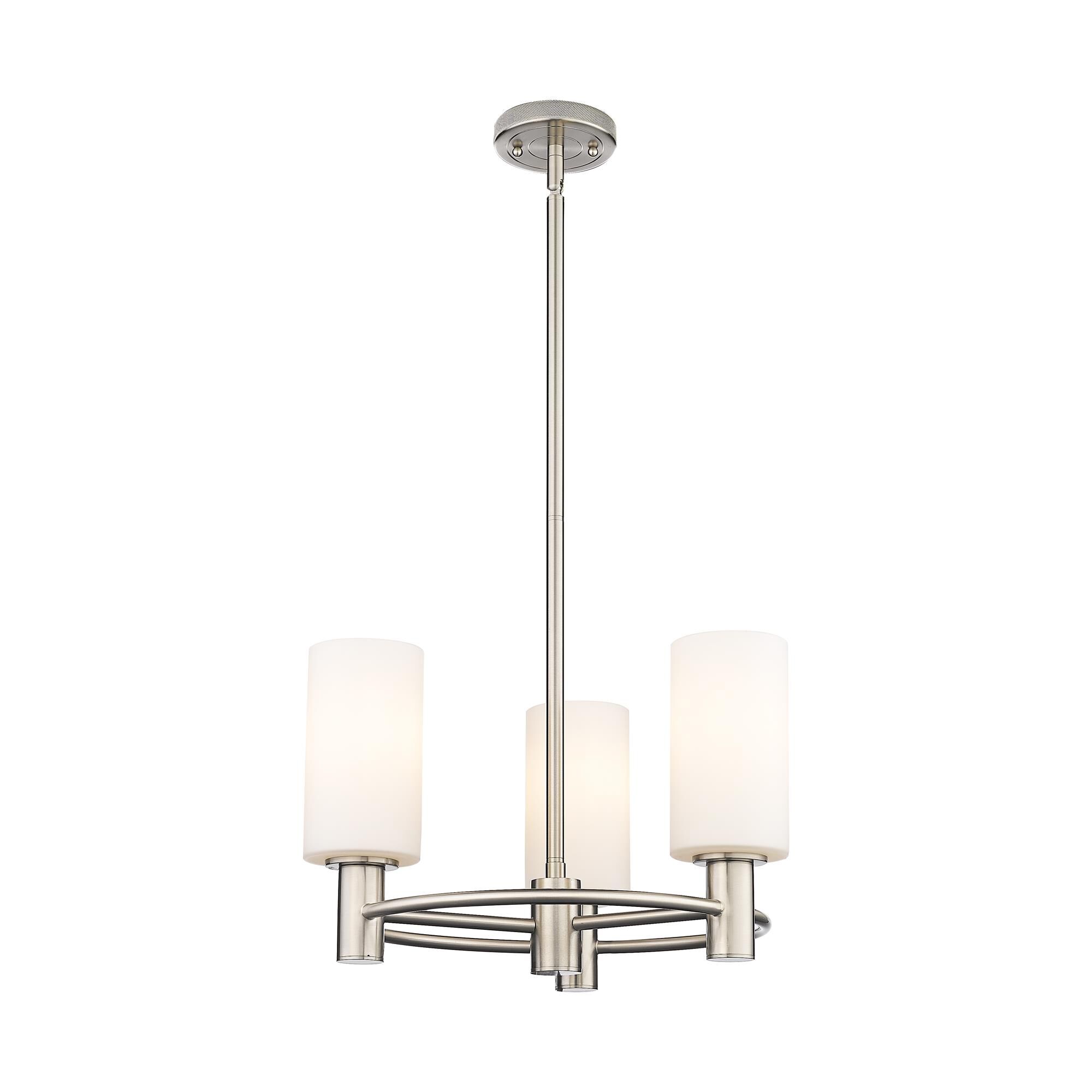 Shown in Satin Nickel finish and Matte White glass and Matte White Glass shade