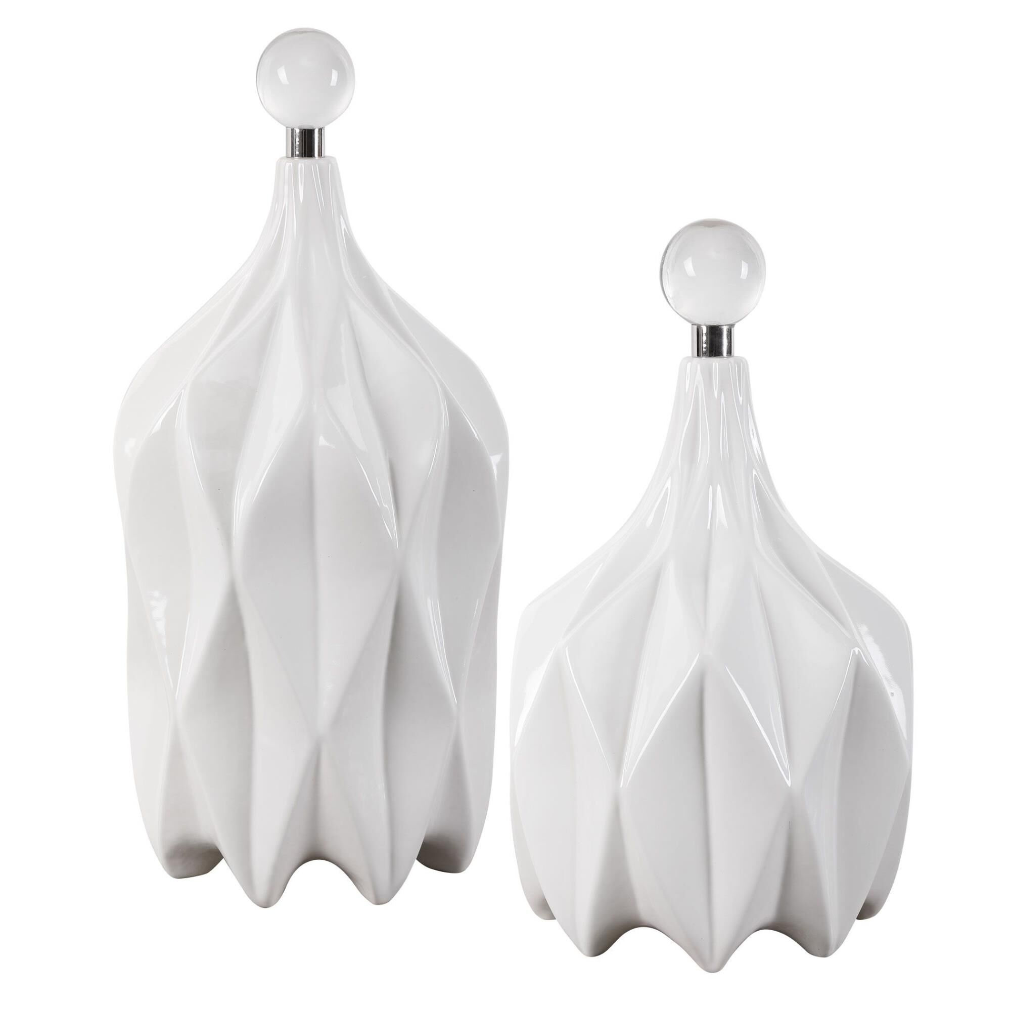 Shown in Modern Style Emanates From This Set Of Decorative Ceramic Bottles With An Embossed Geometric Pattern finish