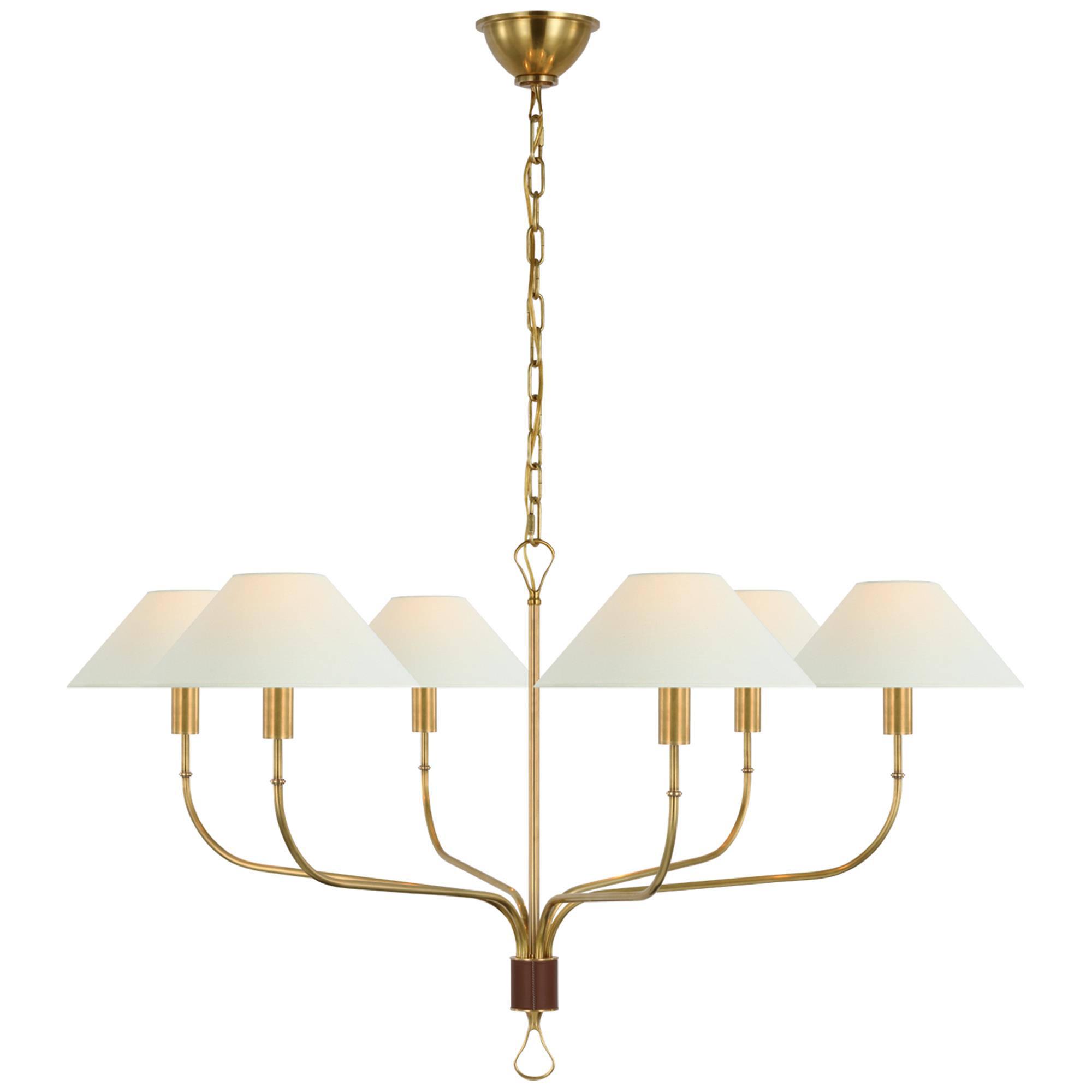 Shown in Hand-Rubbed Antique Brass and Saddle Leather finish and Linen shade