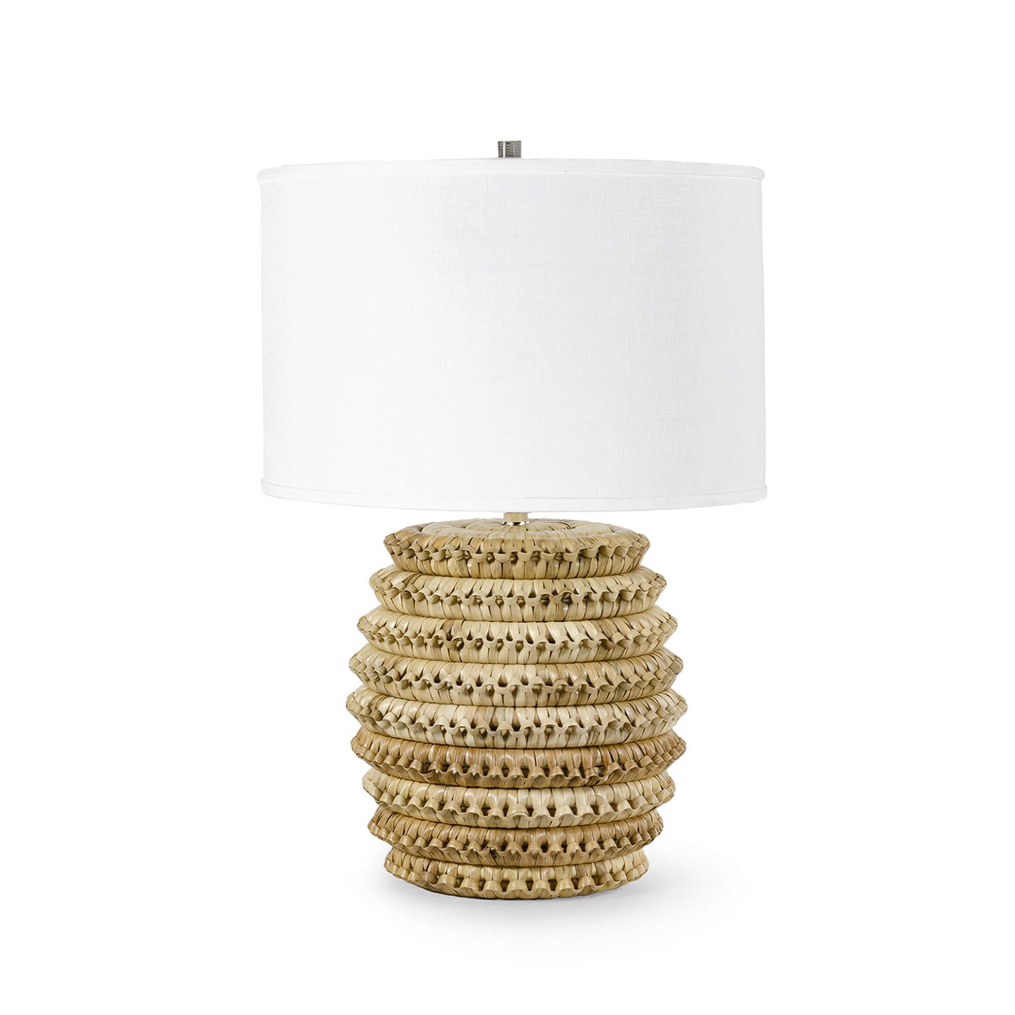 Shown in Natural Inlaid Banana Leaf  finish and Textured Cream Linen shade