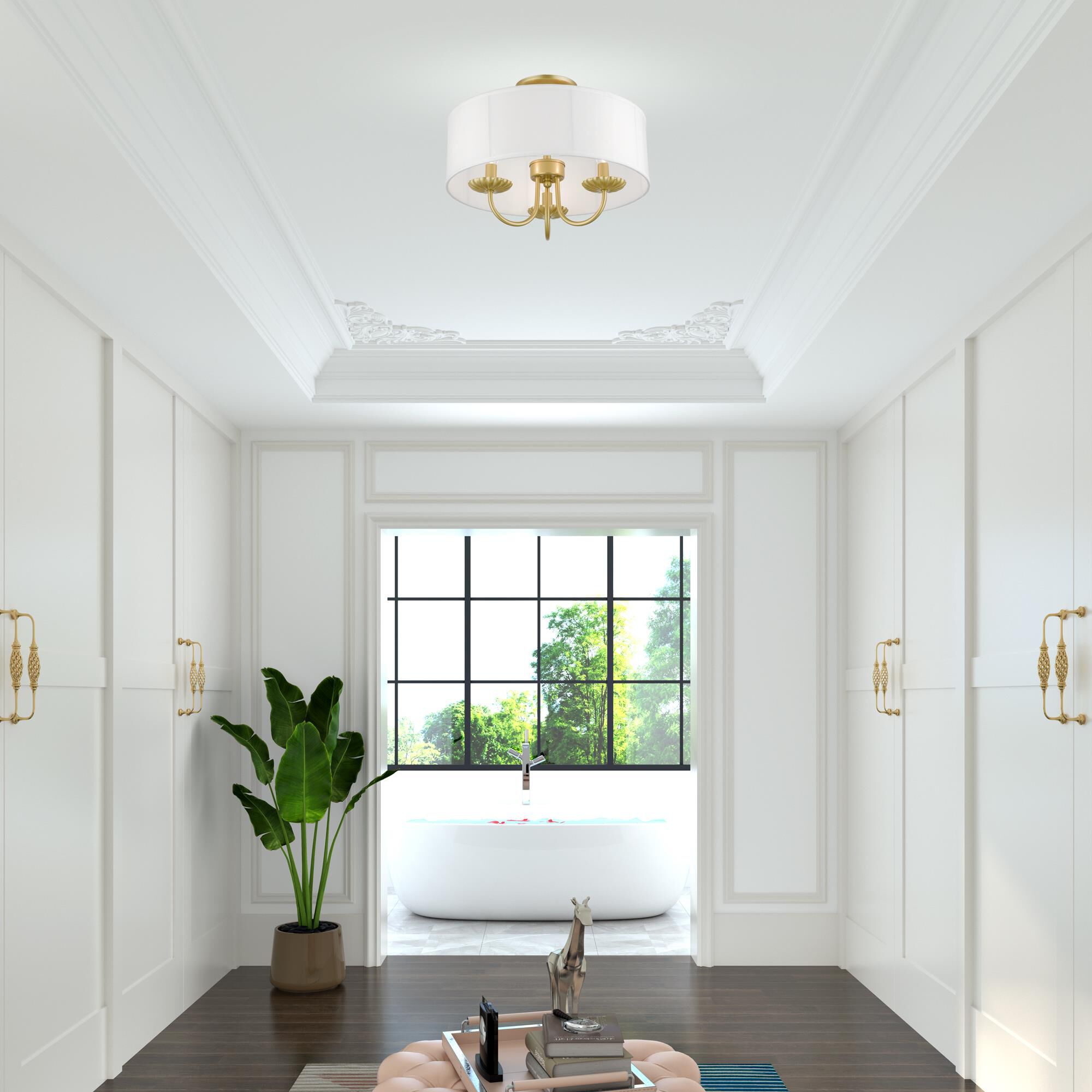 Shown in Soft Gold finish and Off-White Fabric Hardback with White Fabric Inside shade