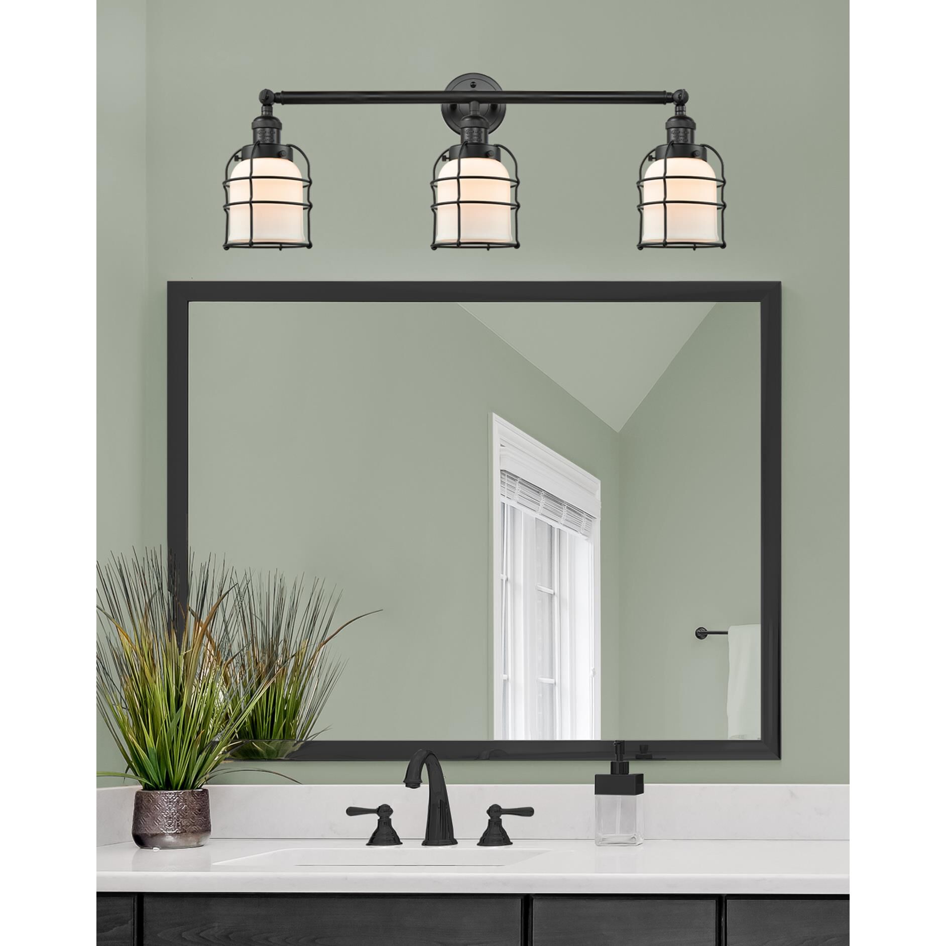 Shown in Matte Black finish and Matte White Cased Small Bell Cage glass and Matte Black accent