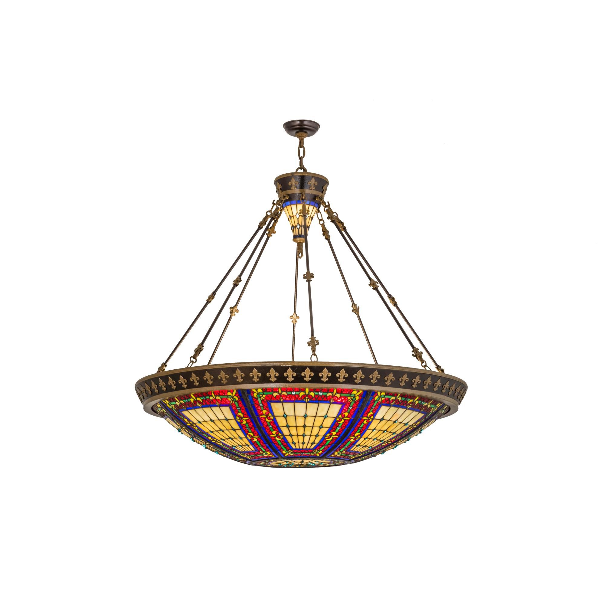 Shown in Mahogany Bronze-Antique Gold finish and Beige-Red-Light Blue-Green glass