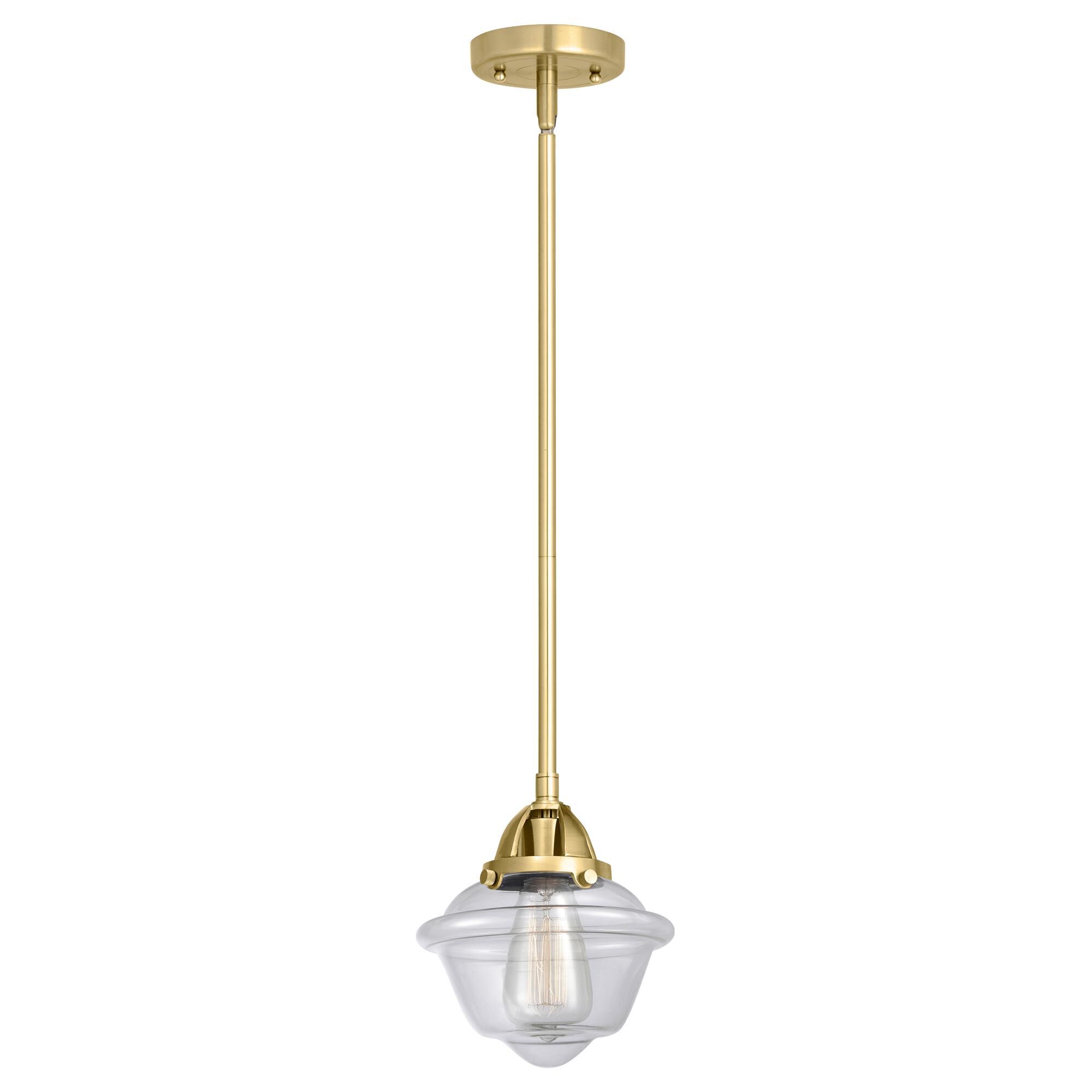 Shown in Satin Gold finish and Clear Small Oxford glass and No Shade shade