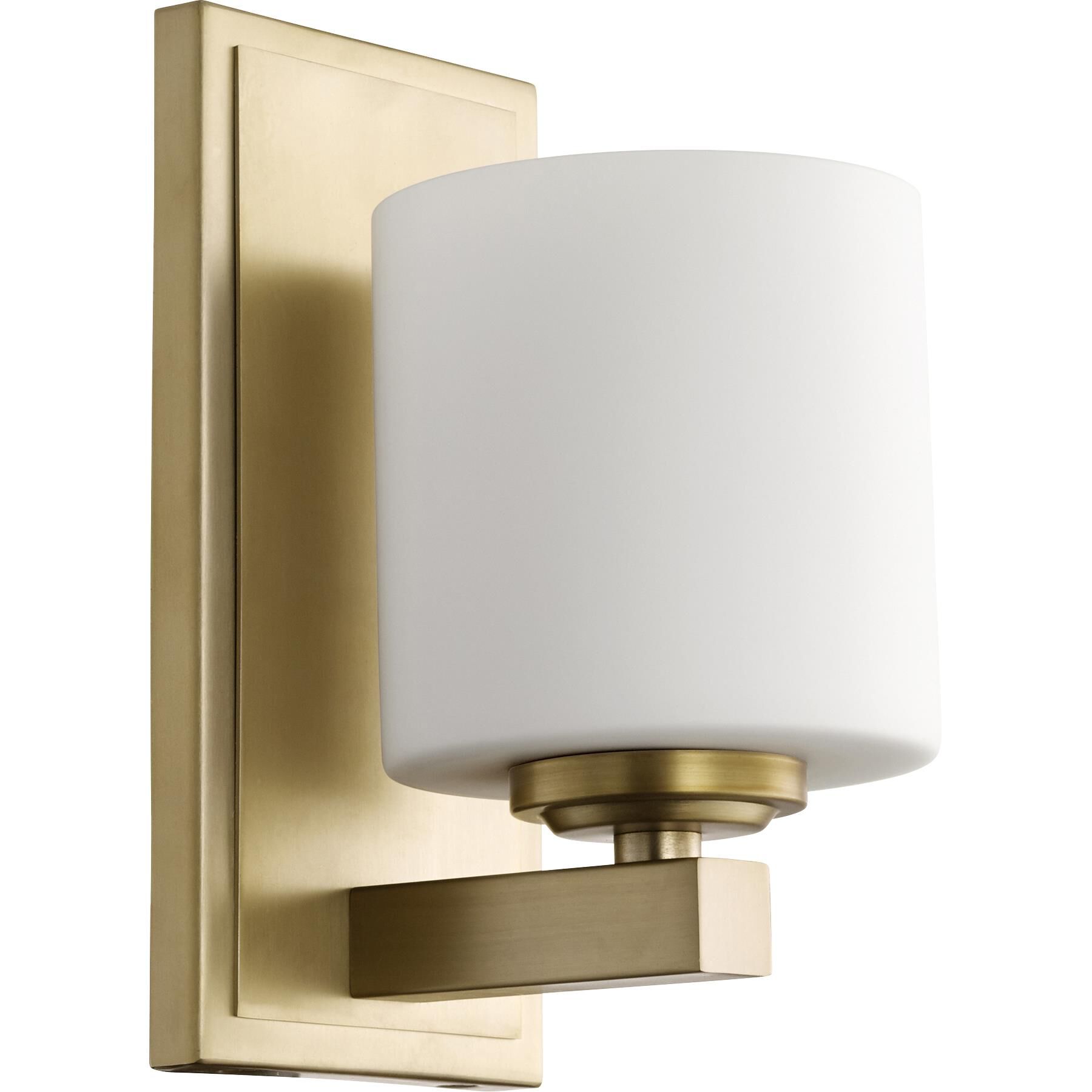 Shown in Aged Brass finish and Satin Opal shade