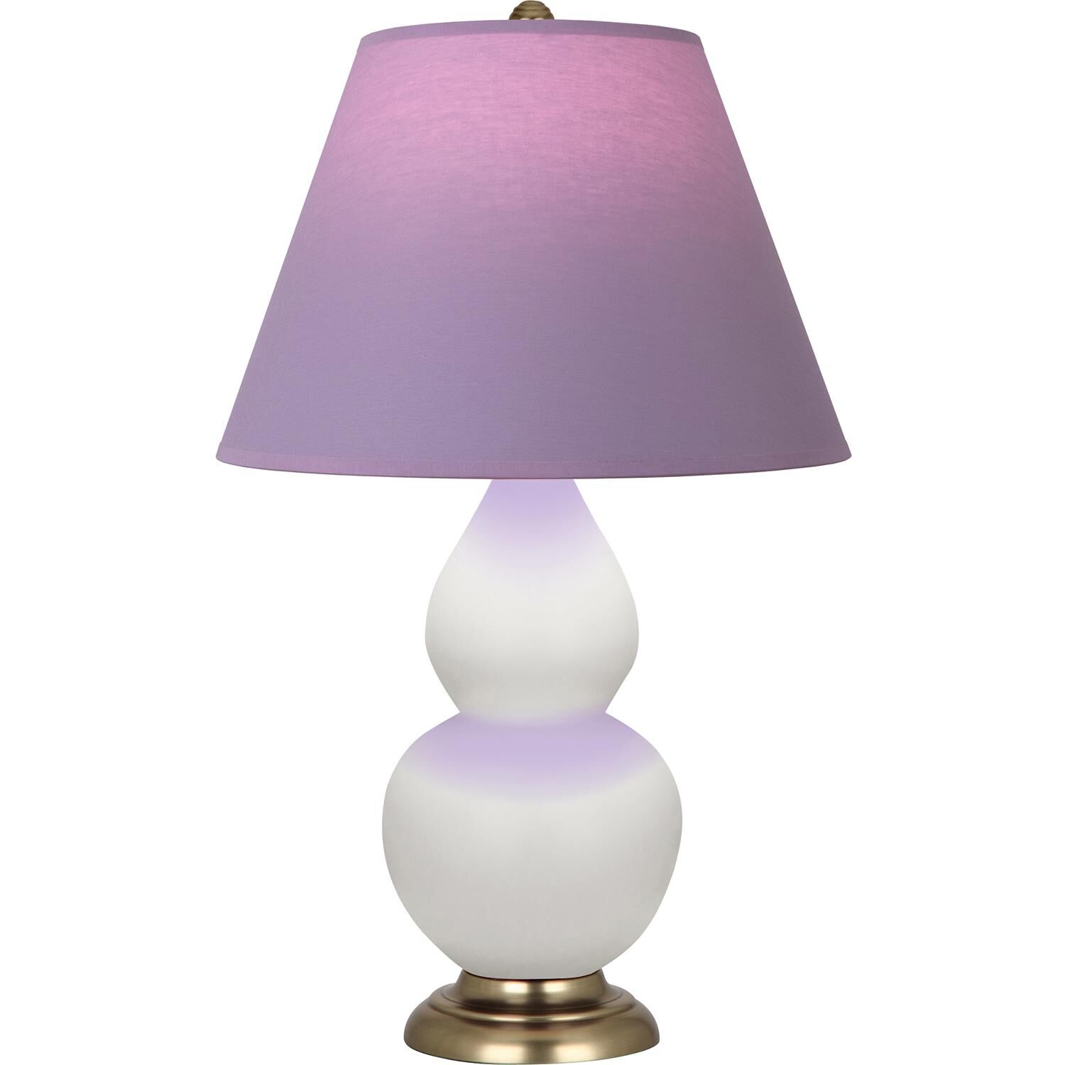 Shown in Matte Lily finish and Lavender and Plum shade and Antique Natural Brass accent