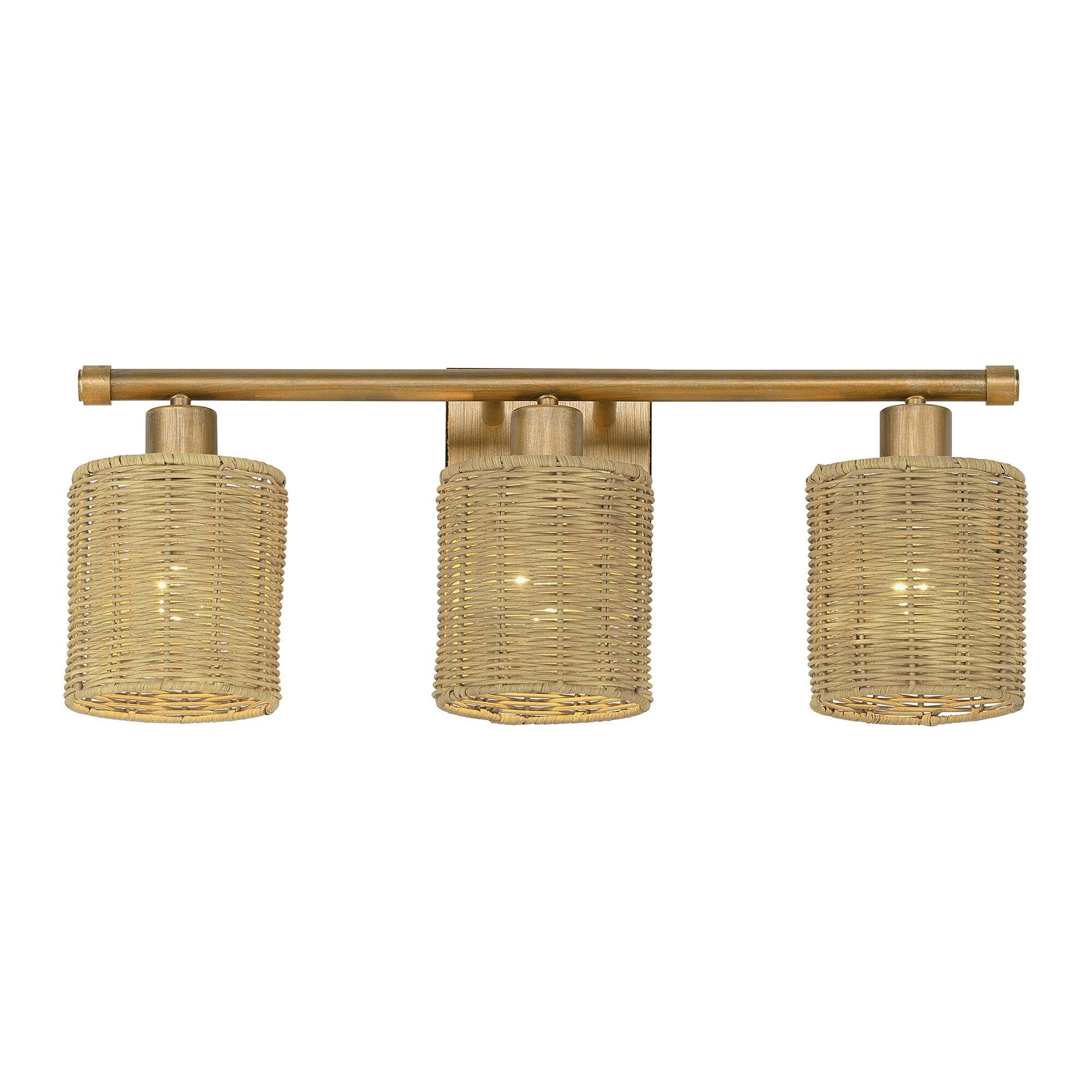 Shown in Antique Gold Leaf finish and Hand-Woven Rustic Walnut Color Rattan shade