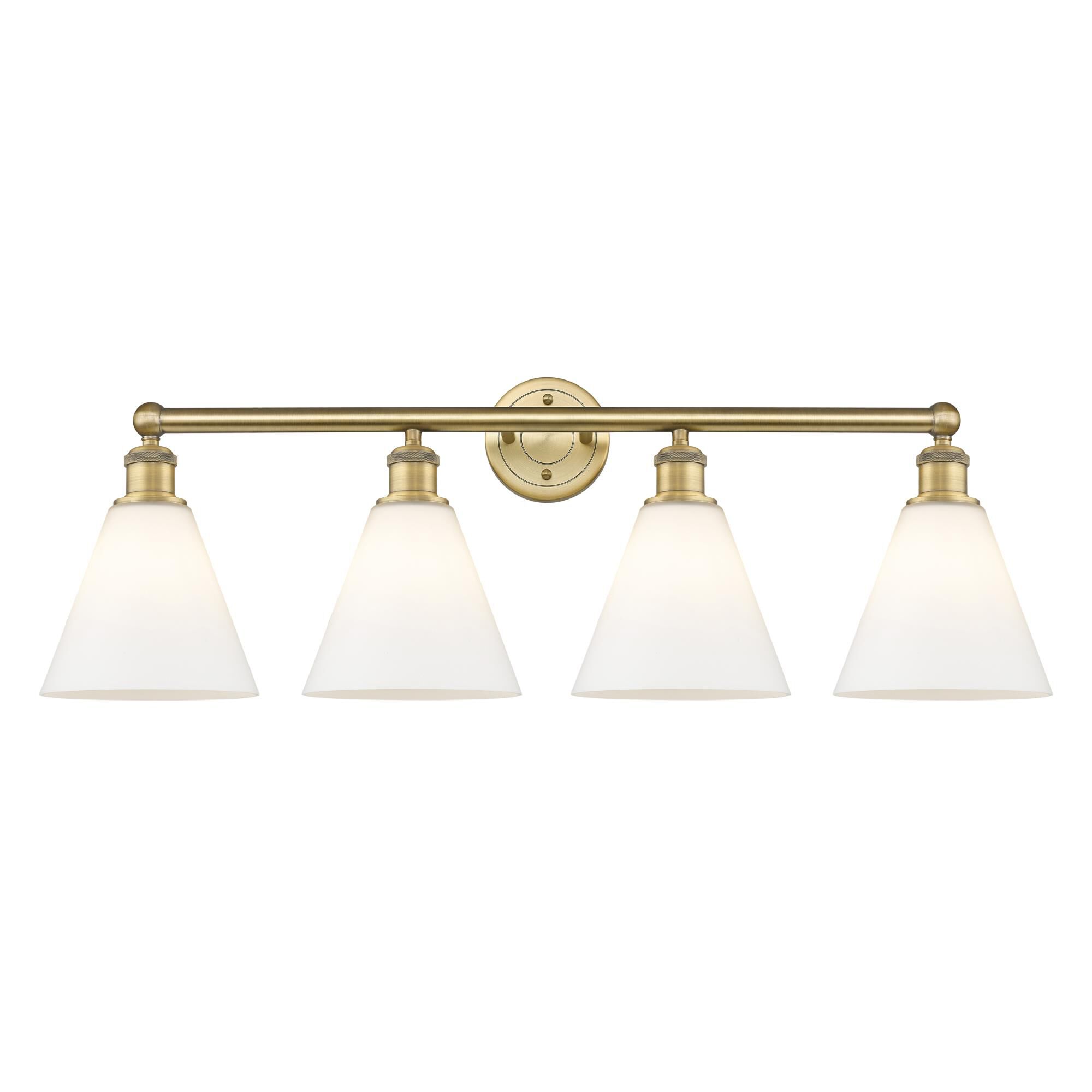 Shown in Brushed Brass finish and Matte White glass