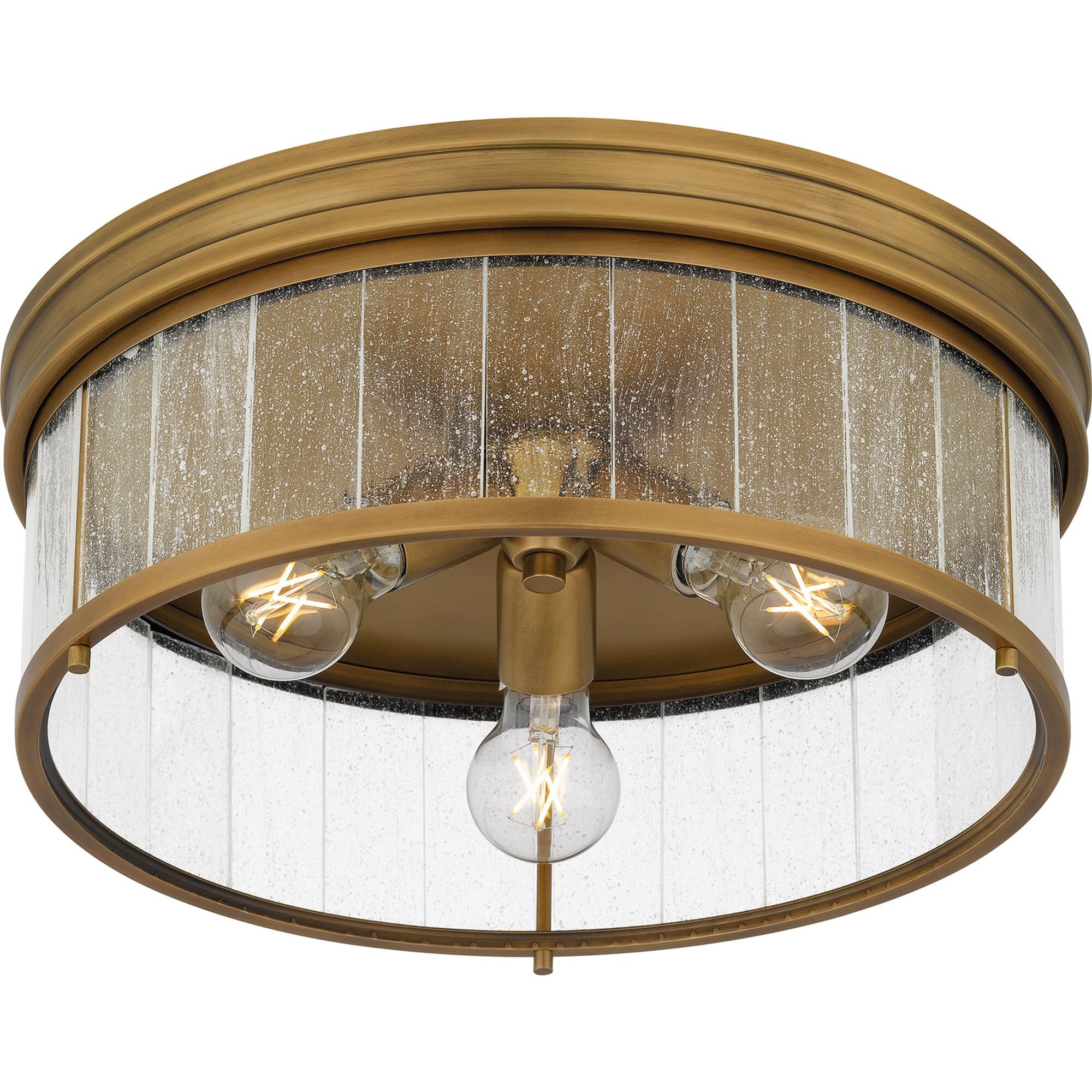 Shown in Weathered Brass finish and Clear Seedy Glass shade