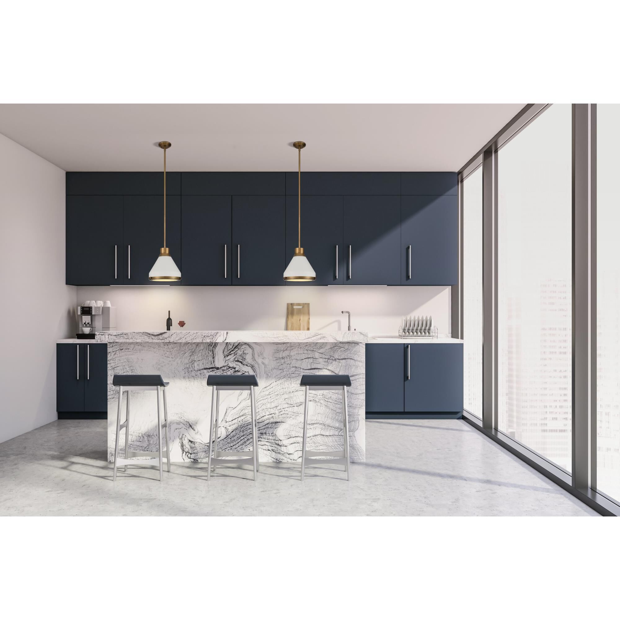 Shown in Natural Brass finish and Etched glass and Natural Brass, Matte White shade