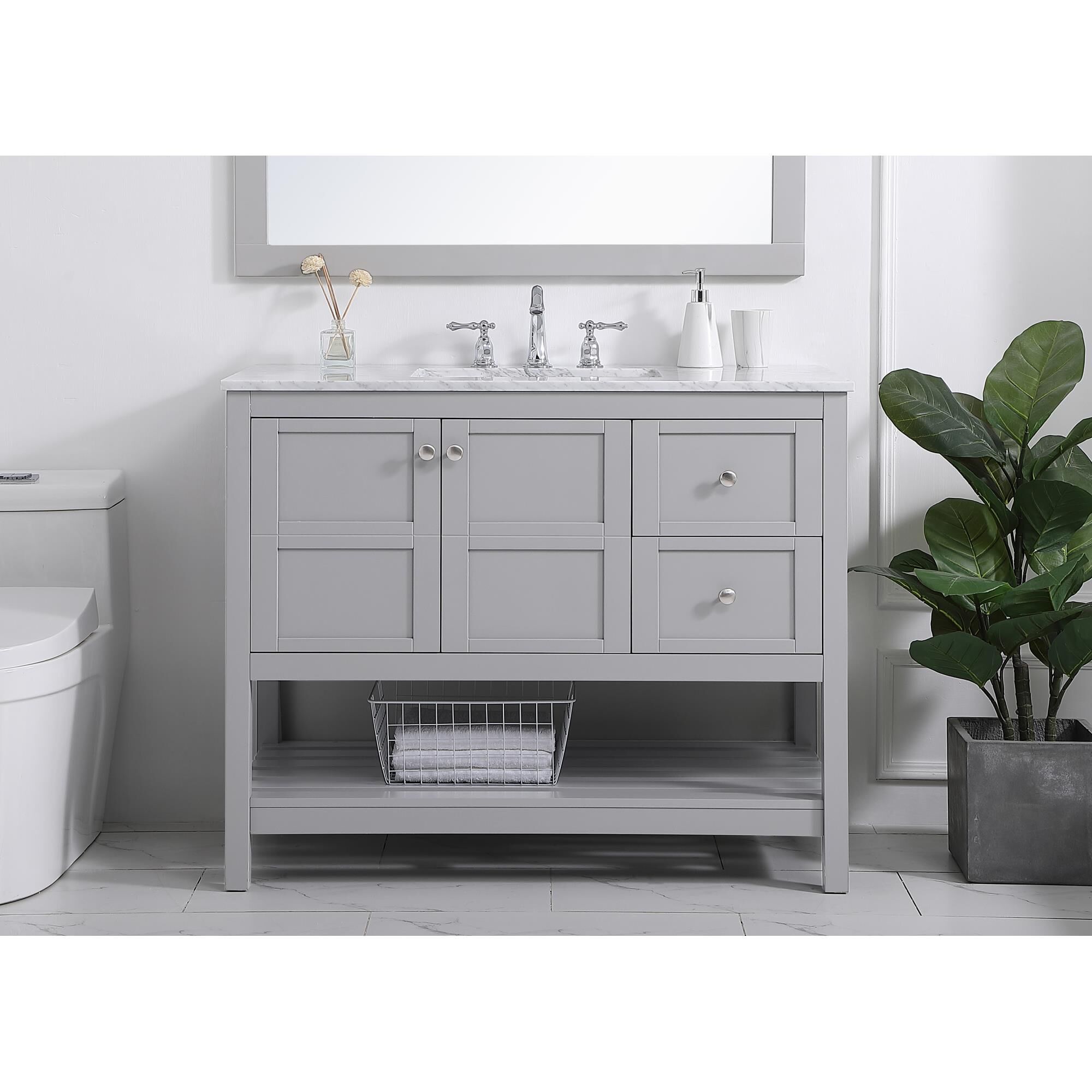 Shown in Gray And Brushed Nickel With Carrara White Marble finish