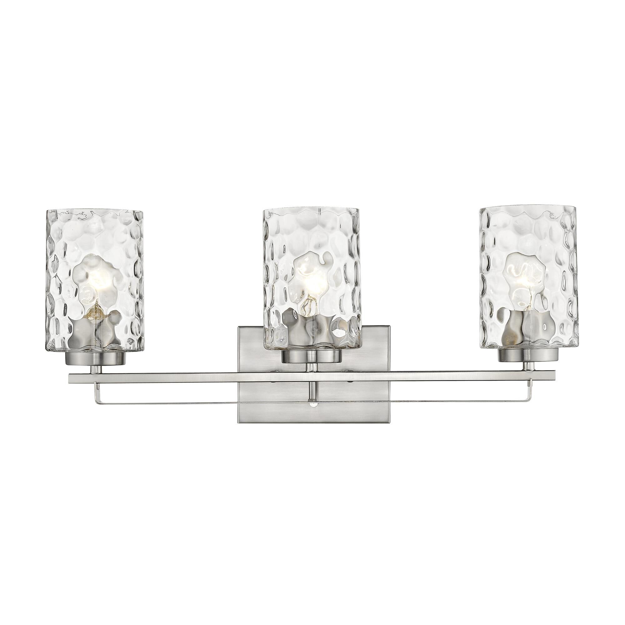Shown in Satin Nickel finish and Clear glass and Clear, Optic Cylindrical Glass shade