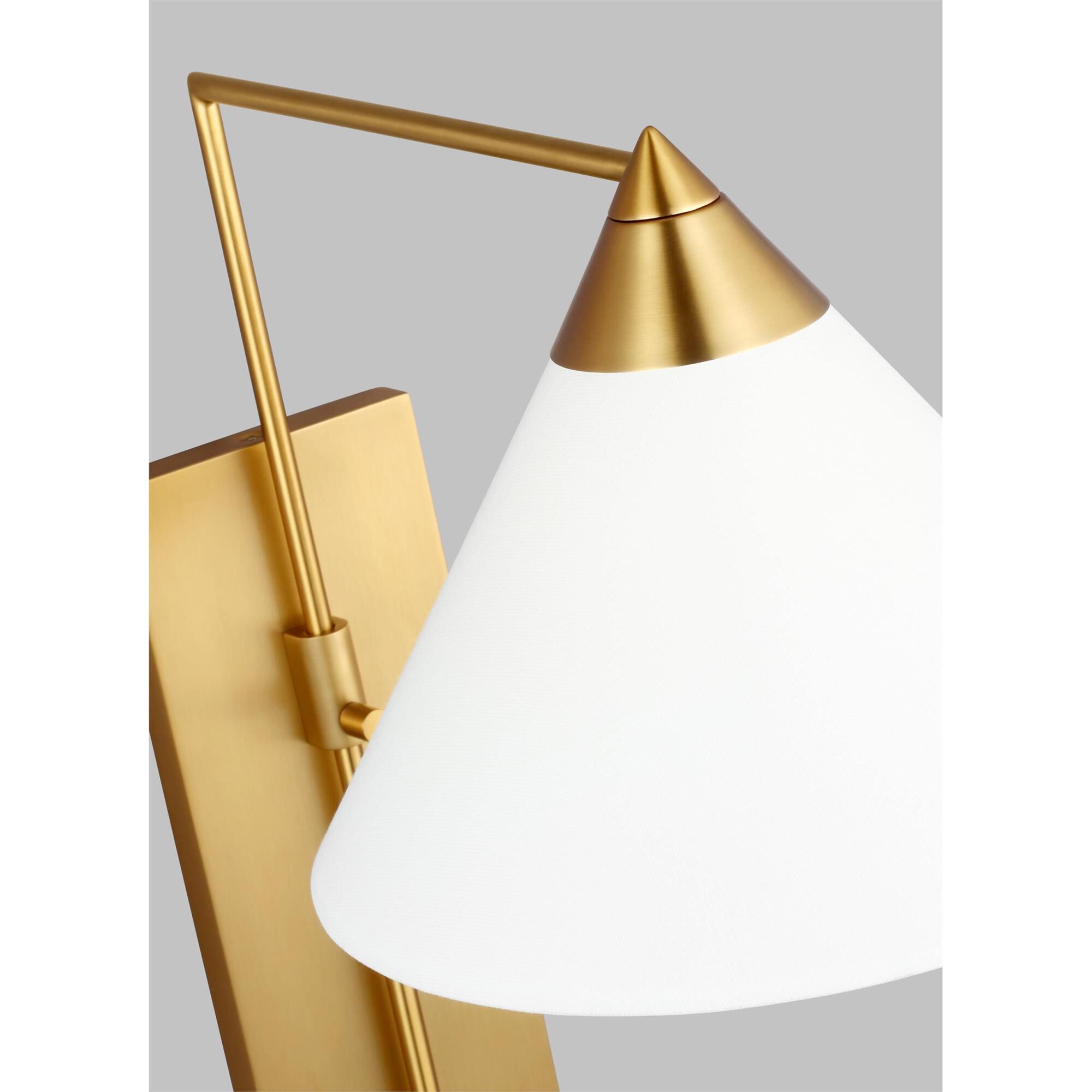 Shown in Burnished Brass finish and White Linen Fabric shade