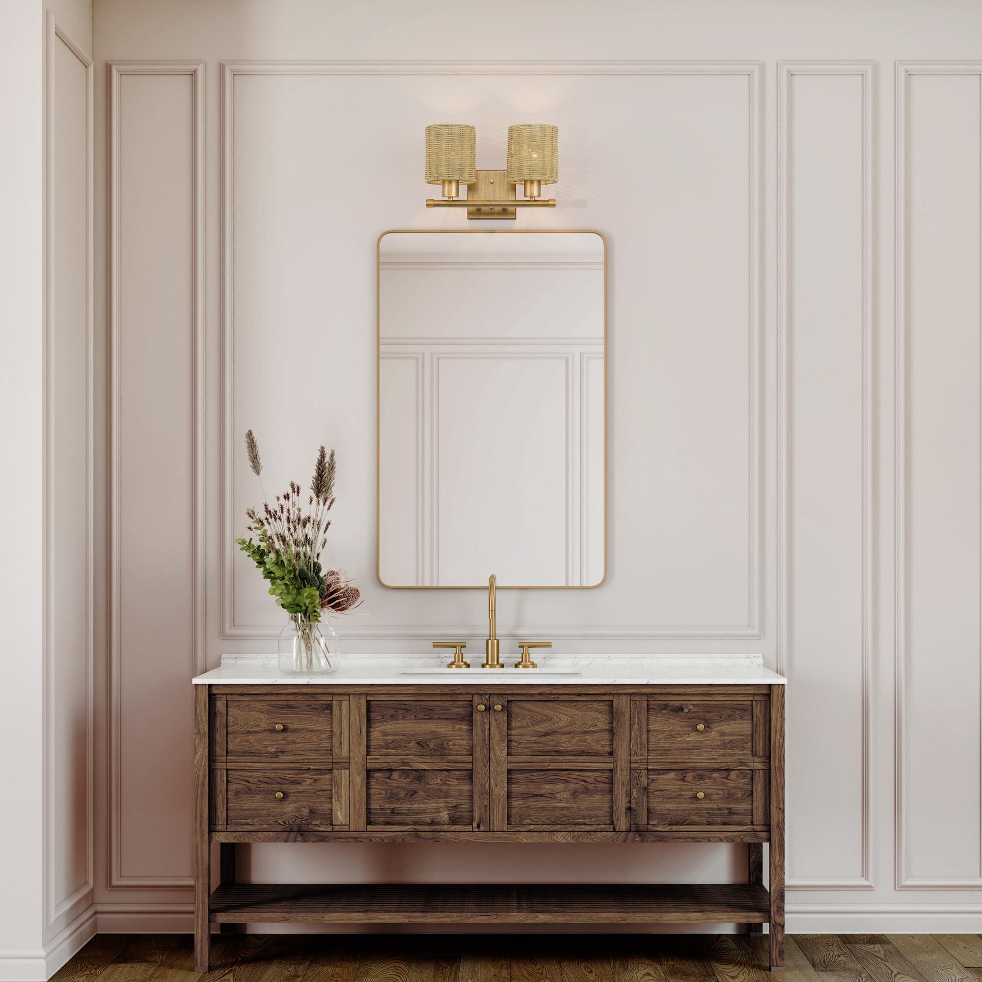 Shown in Antique Gold Leaf finish and Hand-Woven Rustic Walnut Color Rattan shade