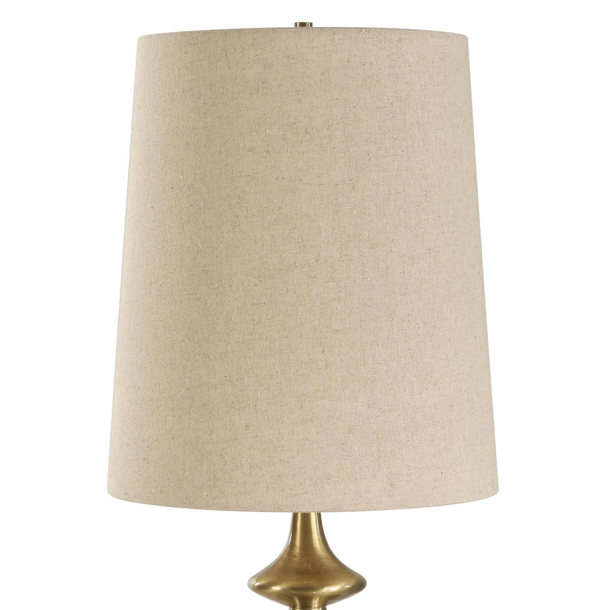 Shown in Brass and Brown finish and Tapered Round Hardback shade