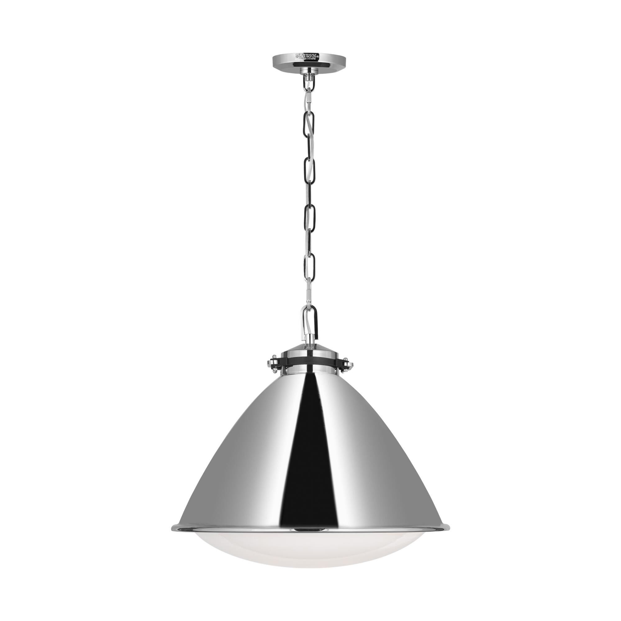 Shown in Polished Nickel finish and Milk glass