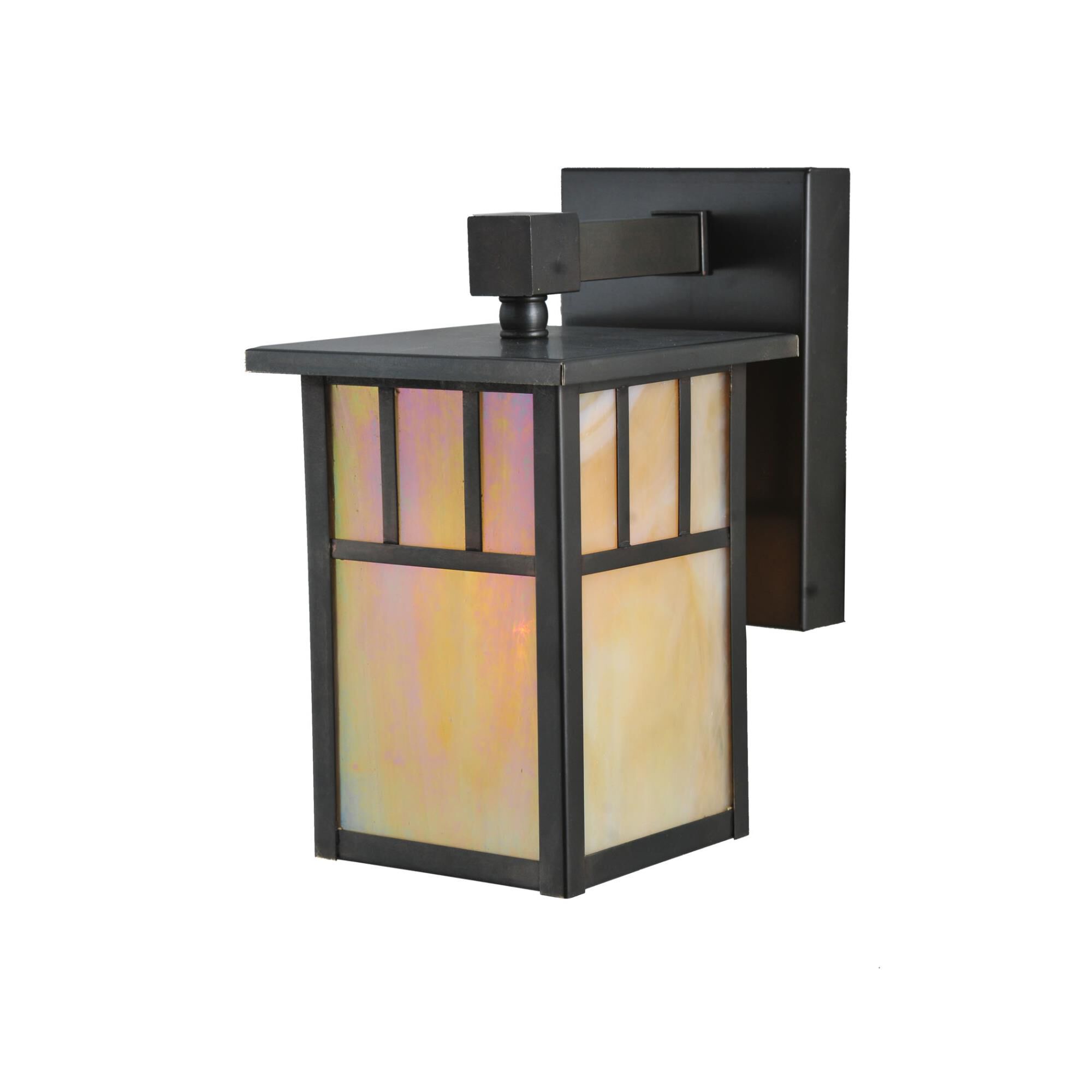 Shown in Craftsman Brown Finish finish and Beige Iridescent glass