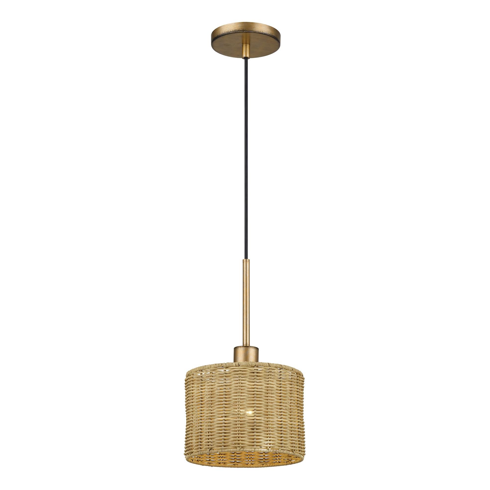 Shown in Antique Gold Leaf finish and Hand-Woven Rustic Walnut Color Rattan shade