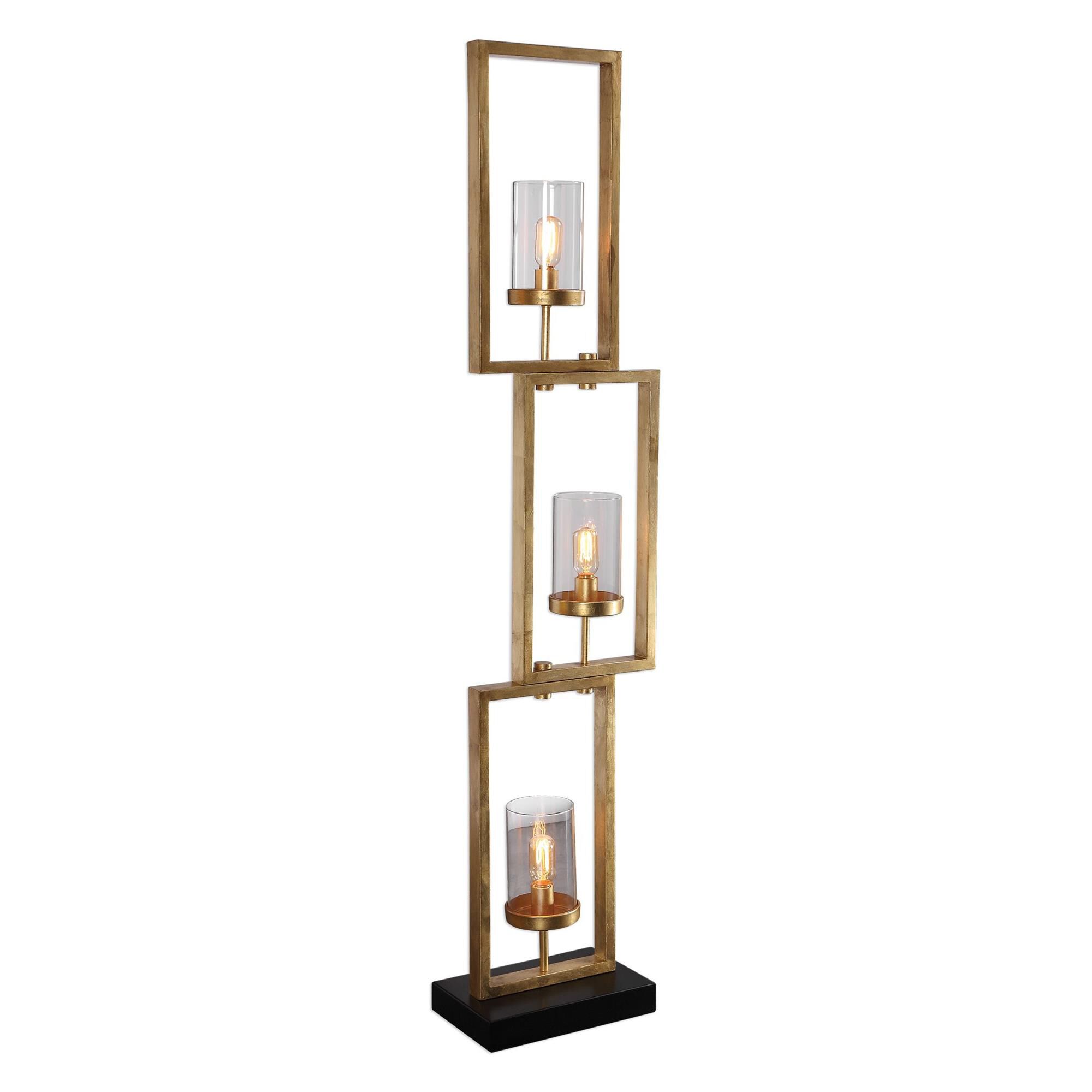Shown in Clean, Geometric Lines Open The Visual Space Around This Modern Floor Lamp. Staggered Steel Rectangl finish and Clear glass and Clear Galss shade