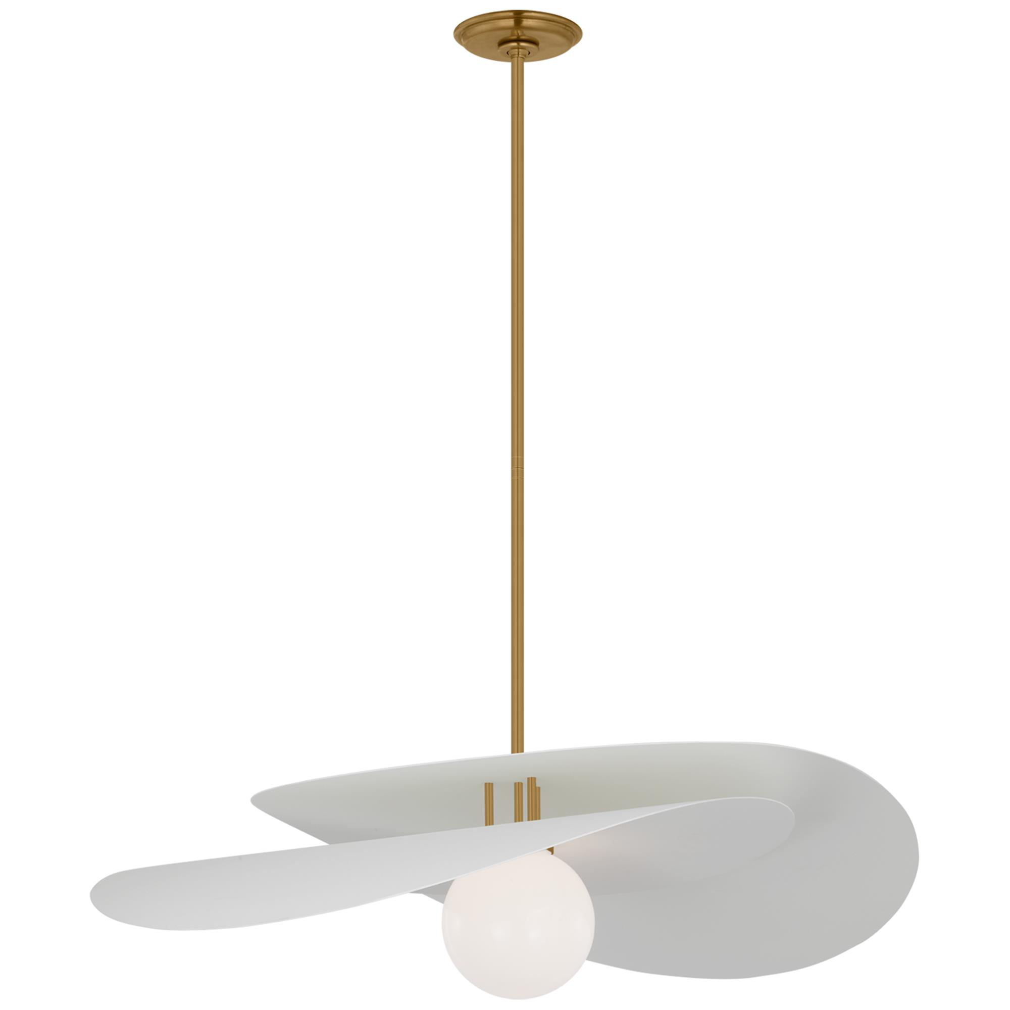 Shown in Hand-Rubbed Antique Brass and Matte White finish and White glass