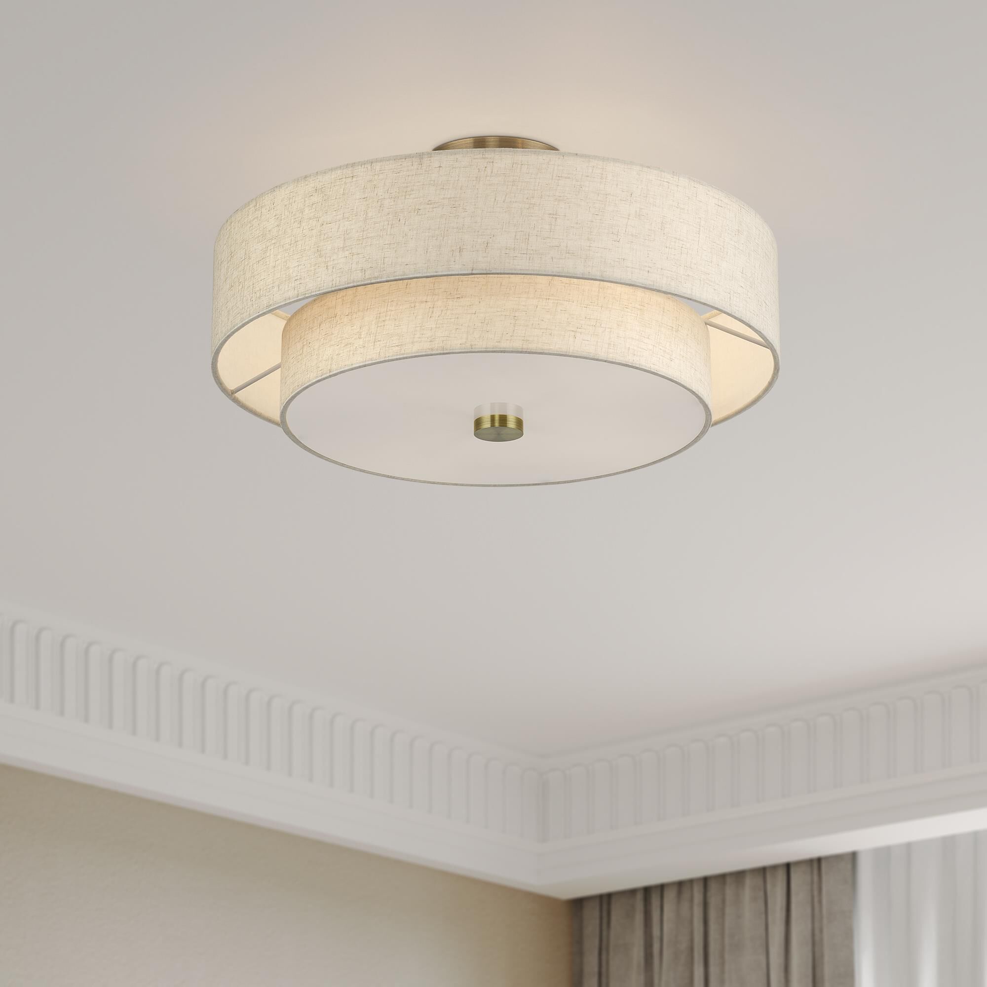 Shown in Antique Brass finish and Hand Crafted Oatmeal Color Fabric with White Color Inside shade