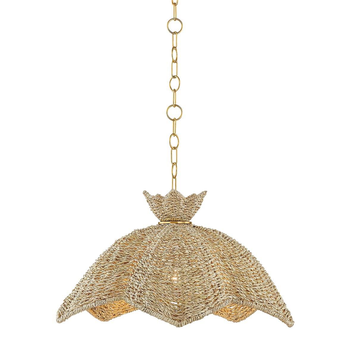 Shown in Aged Brass finish and Light Natural Wicker shade