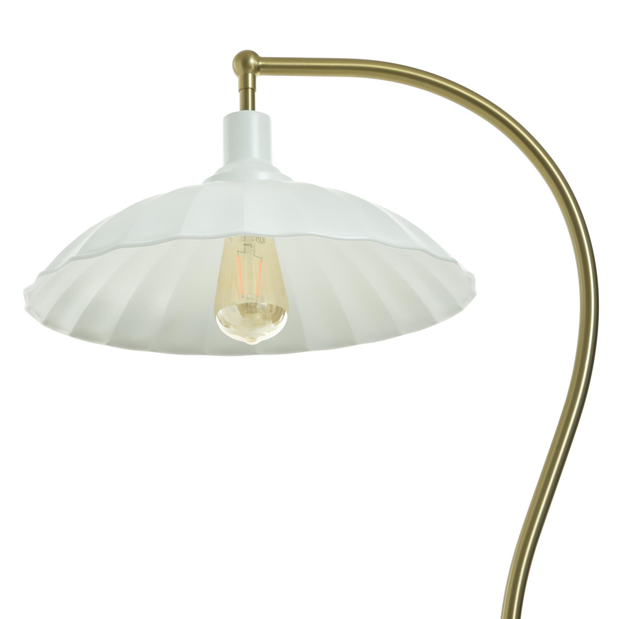 Shown in White Marble and Polished Brass finish and Glossy White shade