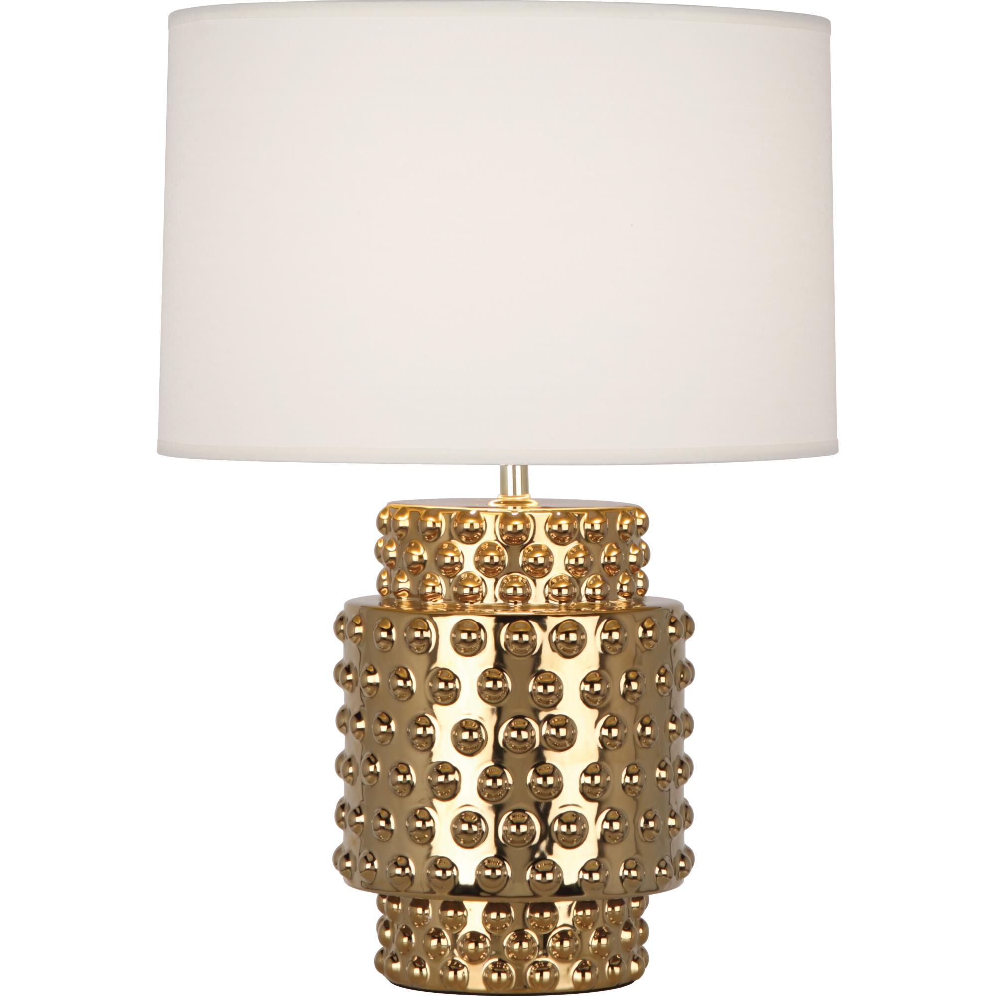 Shown in Textured Ceramic With Gold Metallic Glaze finish and Fondine Fabric shade