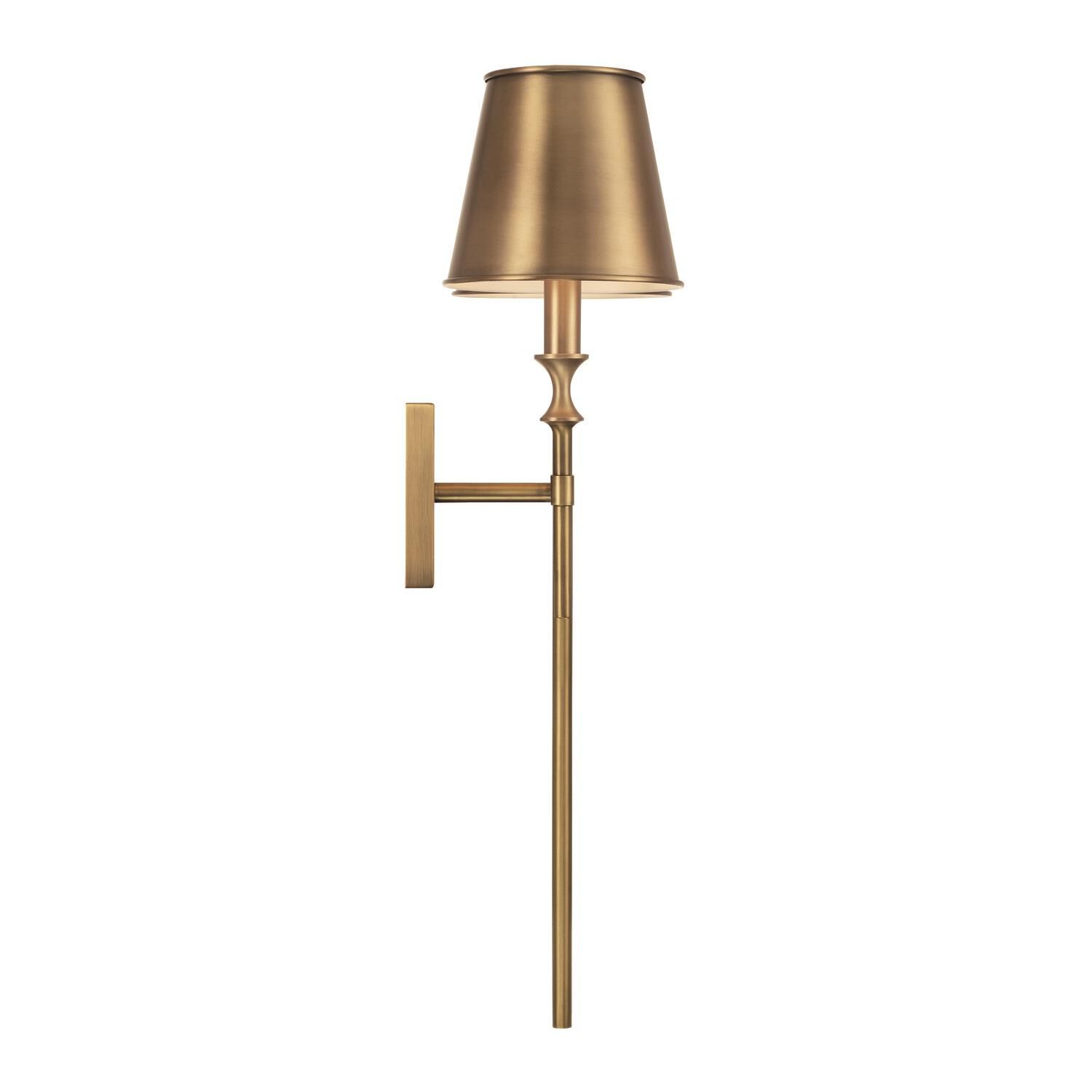 Shown in Aged Brass finish and Aged Brass Metal Stay-Straight  with White Interior shade