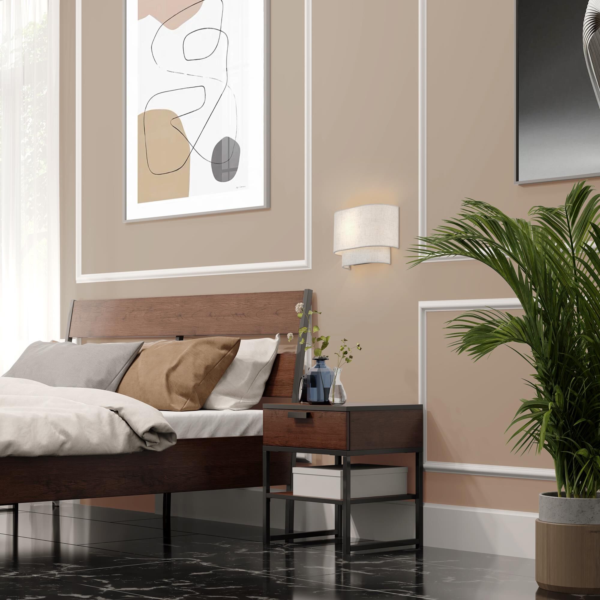 Shown in English Bronze finish and Hand Crafted Oatmeal Color Fabric with White Color Inside shade