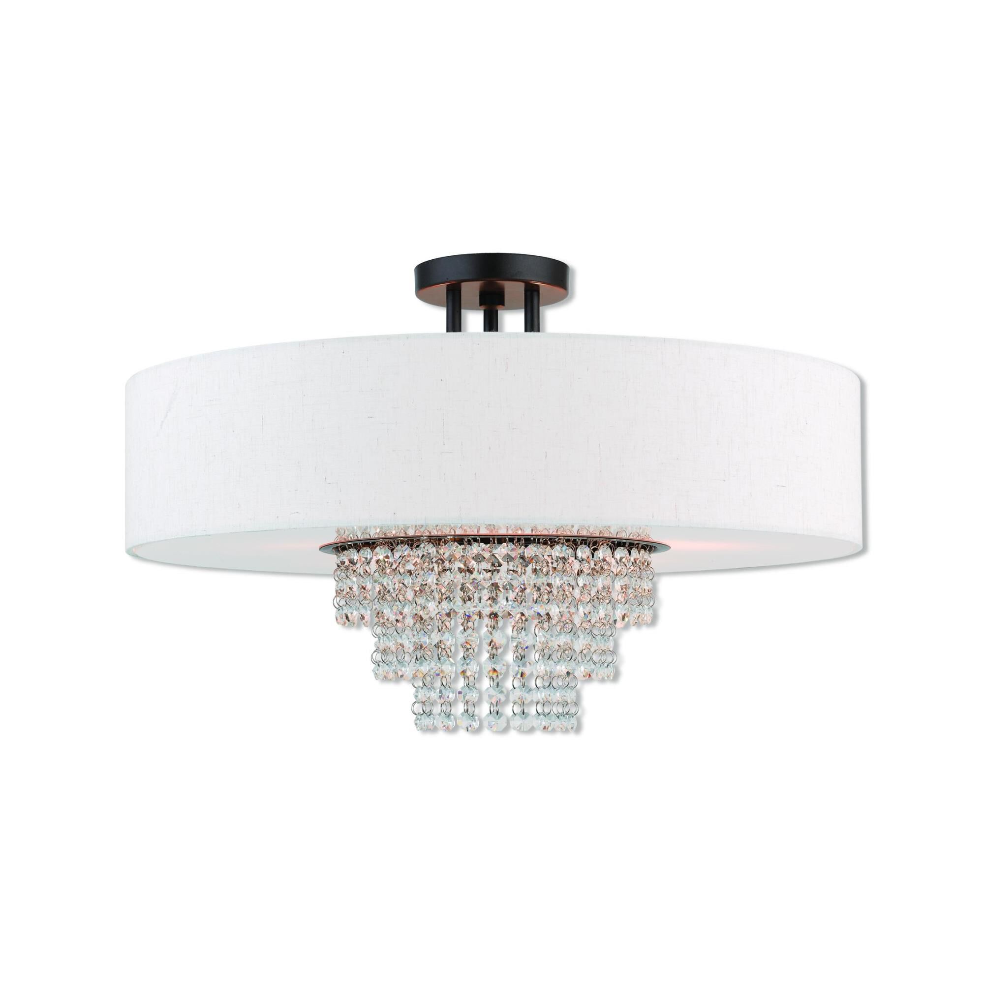 Shown in English Bronze finish and Hand Crafted Oatmeal Color Fabric Outside & White Fabric Inside Hardback  with Clear Crystals shade